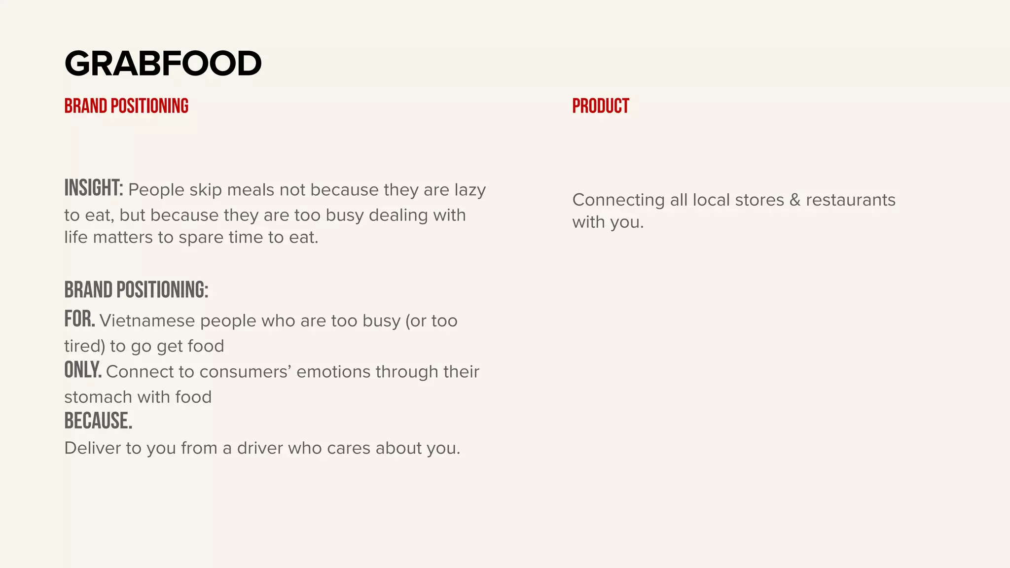 Insight: People skip meals not because they are lazy
to eat, but because they are too busy dealing with
life matters to spare time to eat.
BRAND Positioning:
For. Vietnamese people who are too busy (or too
tired) to go get food
only. Connect to consumers’ emotions through their
stomach with food
BECAUSE.
Deliver to you from a driver who cares about you.
GRABFOOD
BRAND POSITIONING Product
Connecting all local stores & restaurants
with you.
 