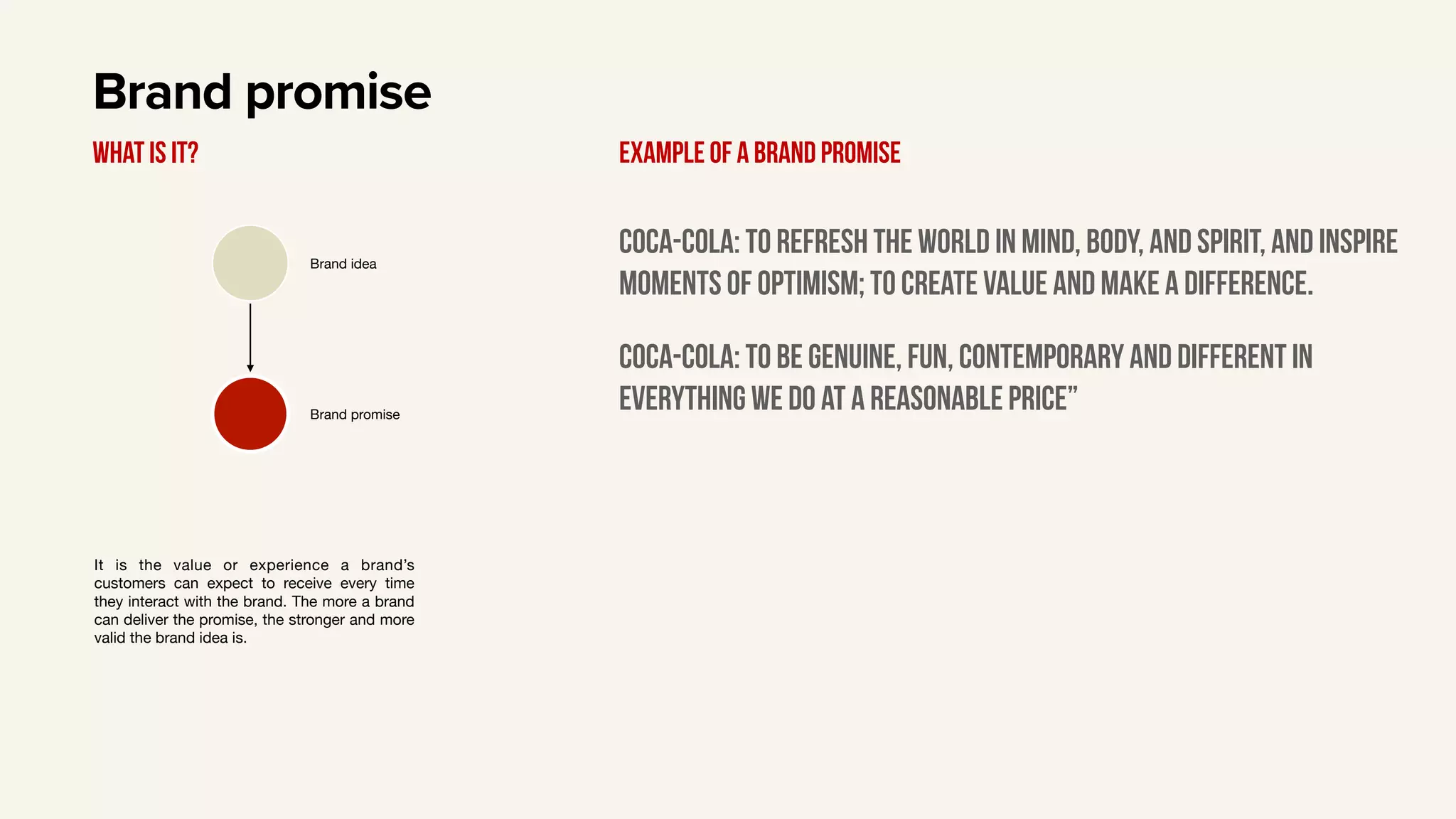 Brand promise
What is it? Example of a Brand promise
Coca-cola: to refresh the world in mind, body, and spirit, and inspire
moments of optimism; to create value and make a difference.
It is the value or experience a brand’s
customers can expect to receive every time
they interact with the brand. The more a brand
can deliver the promise, the stronger and more
valid the brand idea is.
Brand idea
Brand promise
Coca-cola: to be genuine, fun, contemporary and different in
everything we do at a reasonable price”
 
