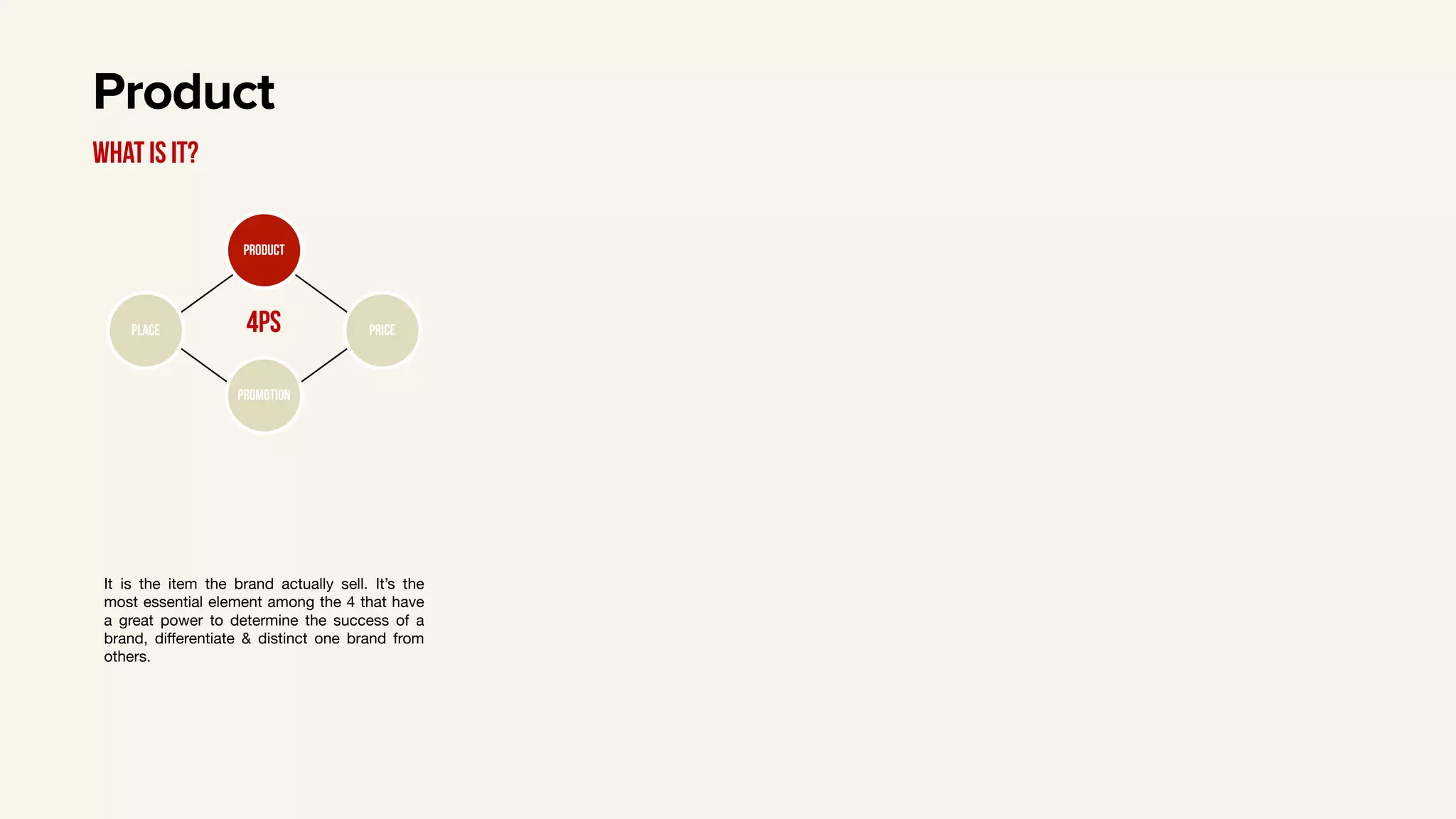 Product
What is it?
It is the item the brand actually sell. It’s the
most essential element among the 4 that have
a great power to determine the success of a
brand, diﬀerentiate & distinct one brand from
others.
4Ps
product
Place
Promotion
Price
 