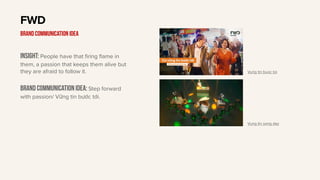 Insight: People have that firing flame in
them, a passion that keeps them alive but
they are afraid to follow it.
Brand communication idea: Step forward
with passion/ Vững tin bước tới.
FWD
BRAND communication idea
Vung tin buoc toi
Vung tin song day
 