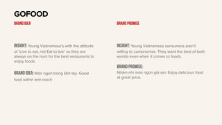 Insight: Young Vietnamese’s with the attitude
of ‘Live to eat, not Eat to live’ so they are
always on the hunt for the best restaurants to
enjoy foods.
BRAND IDEA: Món ngon trong tầm tay- Good
food within arm reach
GOFOOD
BRAND IDEA
Insight: Young Vietnamese consumers aren’t
willing to compromise. They want the best of both
worlds even when it comes to foods.
Brand PROMISE:
Nhâm nhi món ngon giá xịn/ Enjoy delicious food
at great price.
BRAND PROMISE
 
