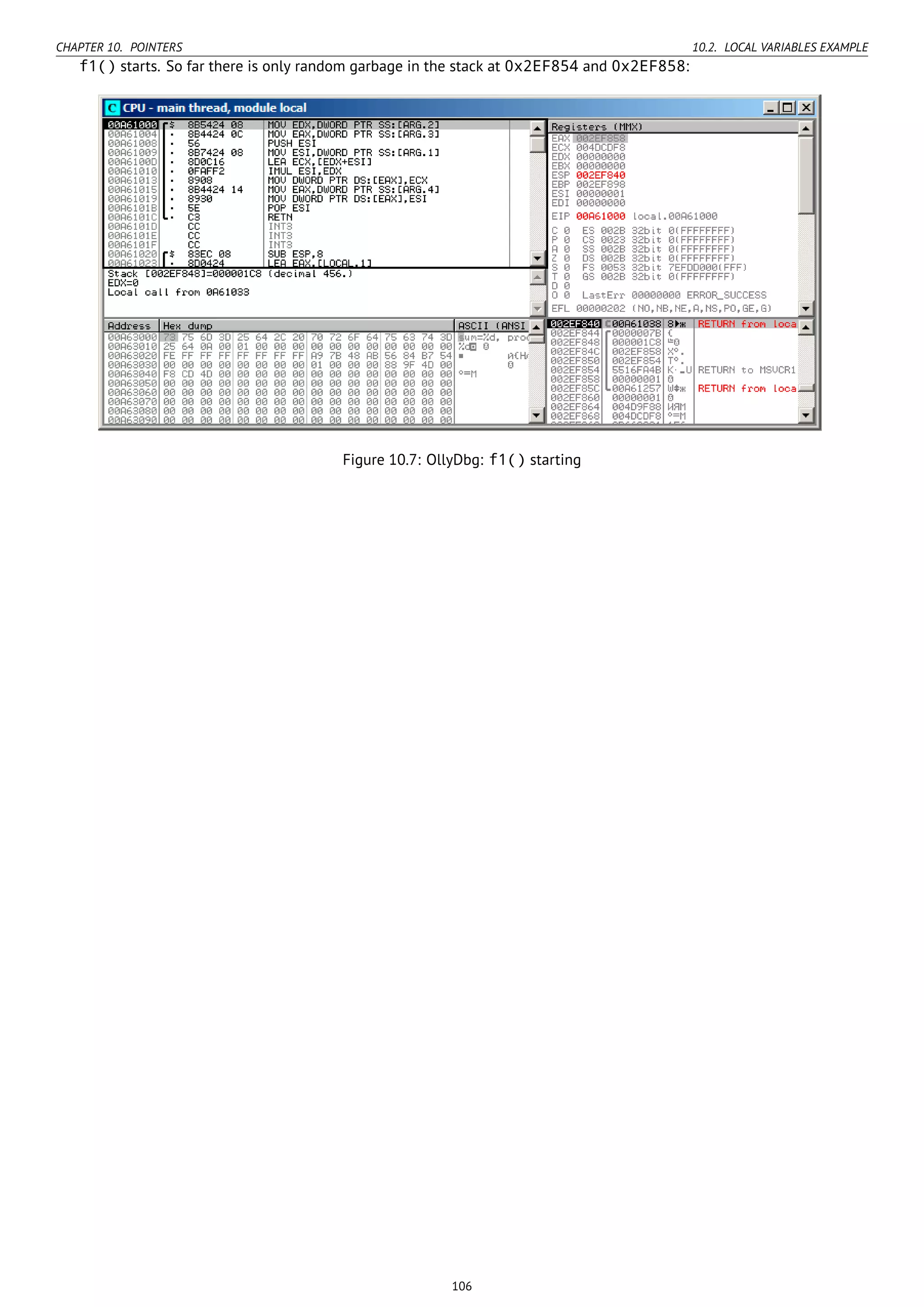 CHAPTER 10. POINTERS 10.2. LOCAL VARIABLES EXAMPLE
f1() starts. So far there is only random garbage in the stack at 0x2EF854 and 0x2EF858:
Figure 10.7: OllyDbg: f1() starting
106
 