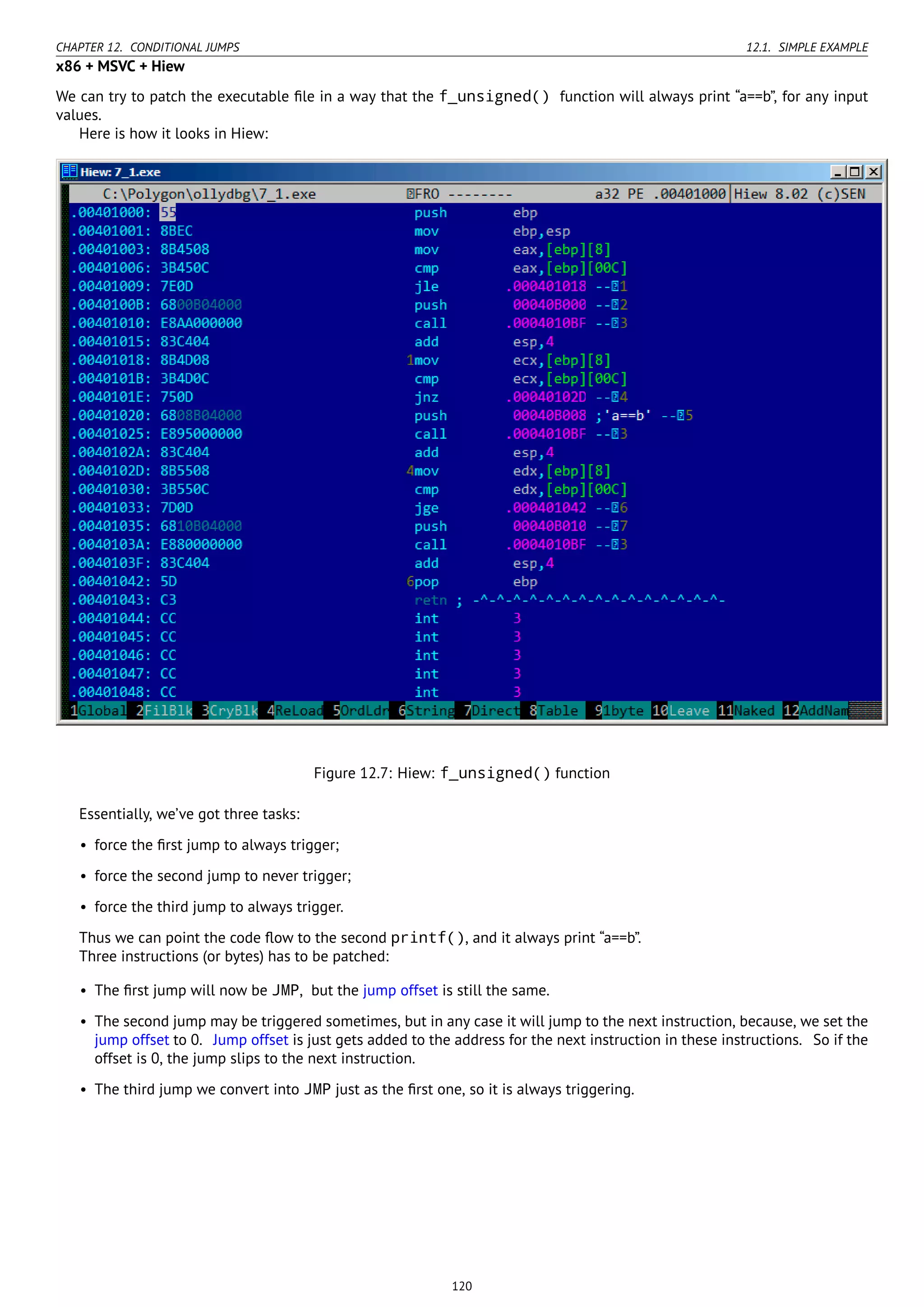 CHAPTER 12. CONDITIONAL JUMPS 12.1. SIMPLE EXAMPLE
x86 + MSVC + Hiew
We can try to patch the executable ﬁle in a way that the f_unsigned() function will always print “a==b”, for any input
values.
Here is how it looks in Hiew:
Figure 12.7: Hiew: f_unsigned() function
Essentially, we’ve got three tasks:
• force the ﬁrst jump to always trigger;
• force the second jump to never trigger;
• force the third jump to always trigger.
Thus we can point the code ﬂow to the second printf(), and it always print “a==b”.
Three instructions (or bytes) has to be patched:
• The ﬁrst jump will now be JMP, but the jump offset is still the same.
• The second jump may be triggered sometimes, but in any case it will jump to the next instruction, because, we set the
jump offset to 0. Jump offset is just gets added to the address for the next instruction in these instructions. So if the
offset is 0, the jump slips to the next instruction.
• The third jump we convert into JMP just as the ﬁrst one, so it is always triggering.
120
 