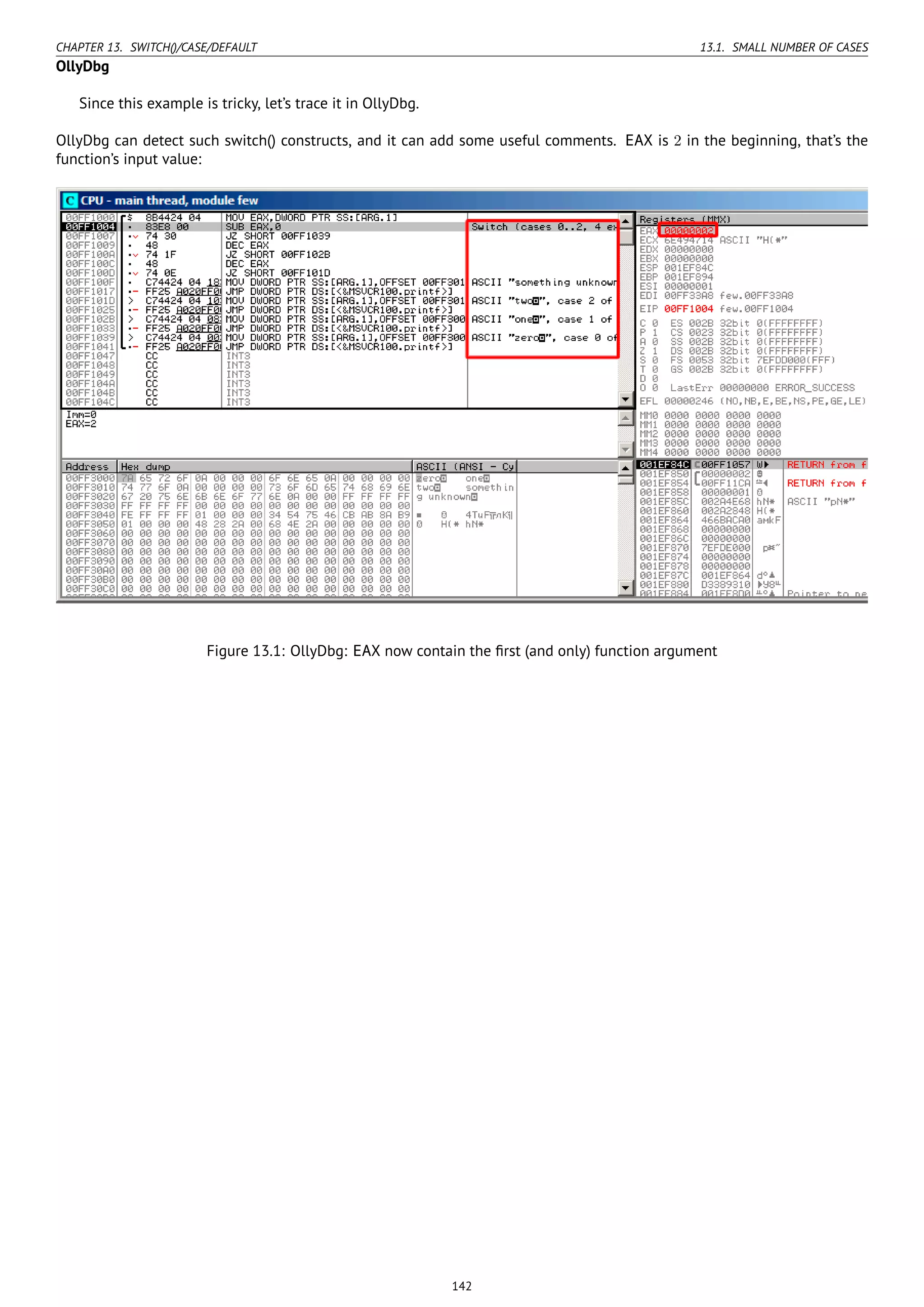 CHAPTER 13. SWITCH()/CASE/DEFAULT 13.1. SMALL NUMBER OF CASES
OllyDbg
Since this example is tricky, let’s trace it in OllyDbg.
OllyDbg can detect such switch() constructs, and it can add some useful comments. EAX is 2 in the beginning, that’s the
function’s input value:
Figure 13.1: OllyDbg: EAX now contain the ﬁrst (and only) function argument
142
 