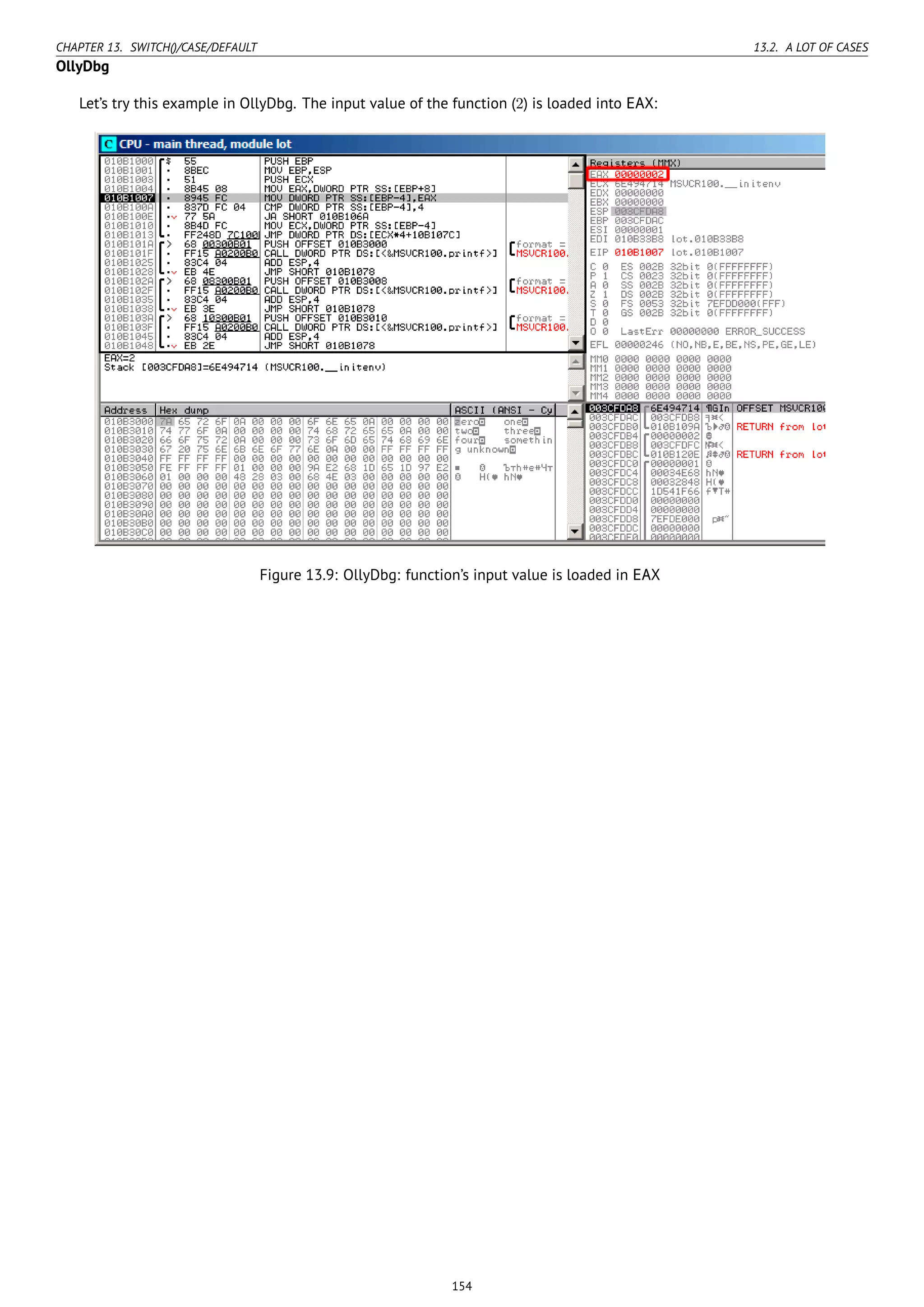 CHAPTER 13. SWITCH()/CASE/DEFAULT 13.2. A LOT OF CASES
OllyDbg
Let’s try this example in OllyDbg. The input value of the function (2) is loaded into EAX:
Figure 13.9: OllyDbg: function’s input value is loaded in EAX
154
 