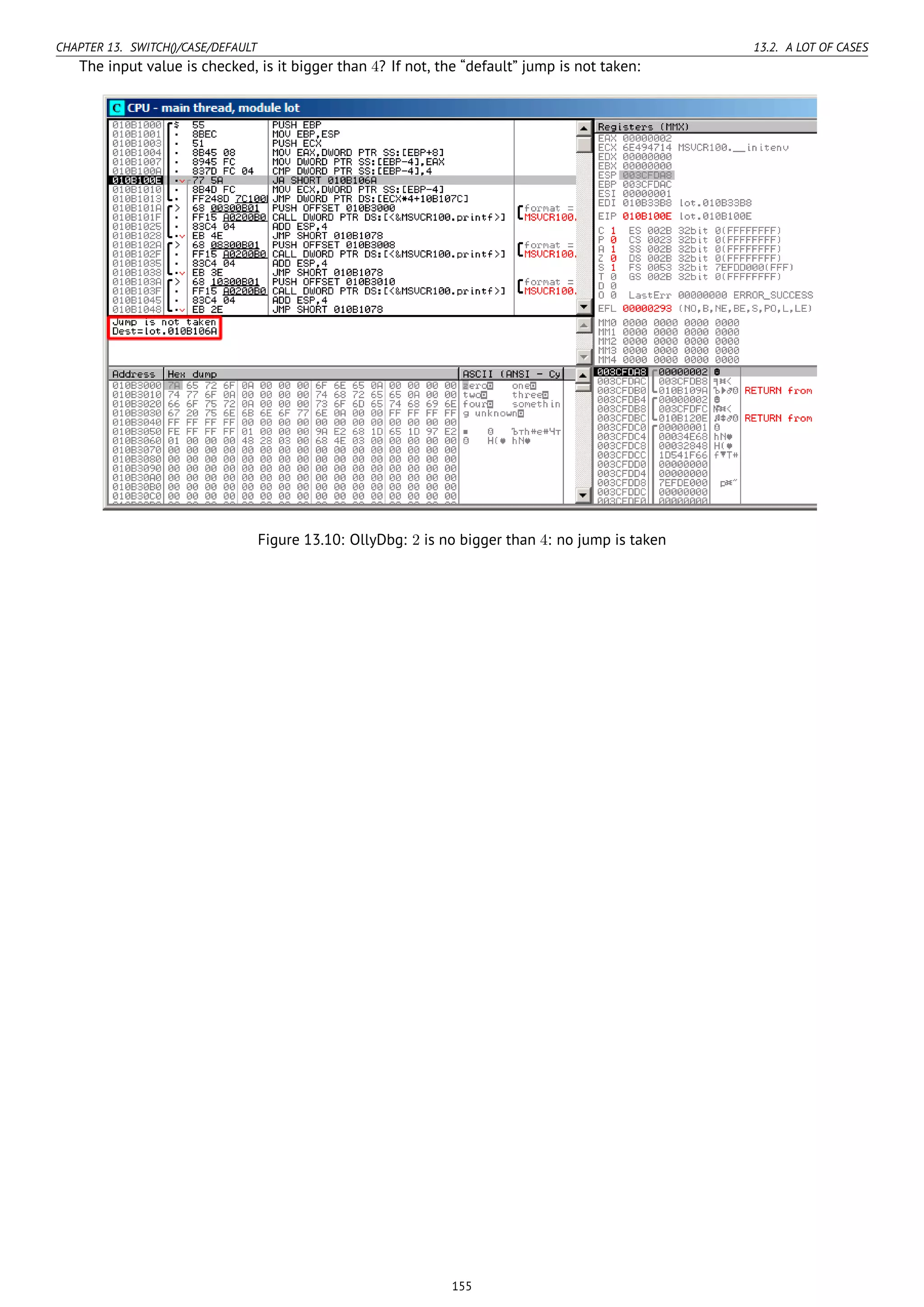 CHAPTER 13. SWITCH()/CASE/DEFAULT 13.2. A LOT OF CASES
The input value is checked, is it bigger than 4? If not, the “default” jump is not taken:
Figure 13.10: OllyDbg: 2 is no bigger than 4: no jump is taken
155
 