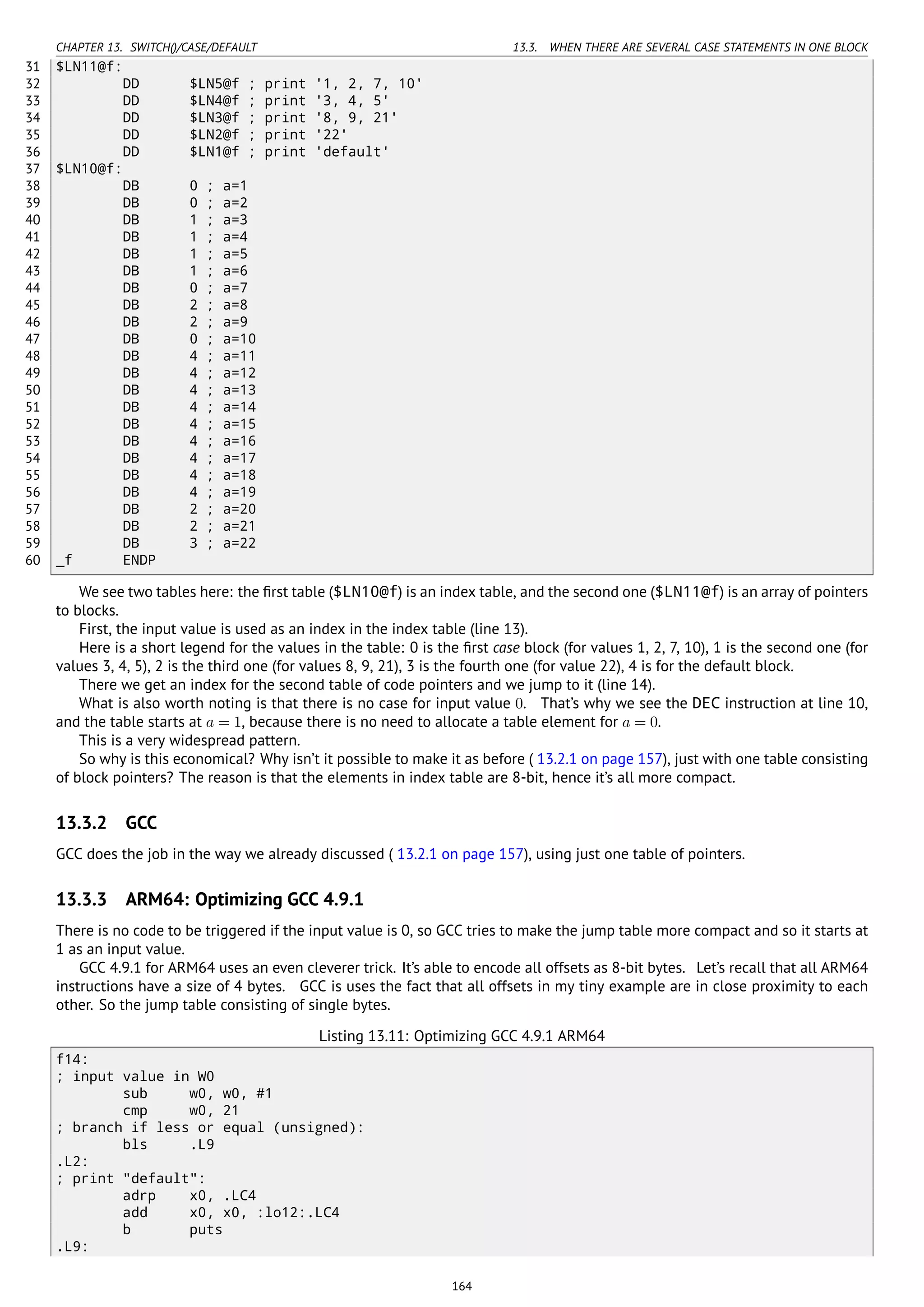 CHAPTER 13. SWITCH()/CASE/DEFAULT 13.3. WHEN THERE ARE SEVERAL CASE STATEMENTS IN ONE BLOCK
31 $LN11@f:
32 DD $LN5@f ; print '1, 2, 7, 10'
33 DD $LN4@f ; print '3, 4, 5'
34 DD $LN3@f ; print '8, 9, 21'
35 DD $LN2@f ; print '22'
36 DD $LN1@f ; print 'default'
37 $LN10@f:
38 DB 0 ; a=1
39 DB 0 ; a=2
40 DB 1 ; a=3
41 DB 1 ; a=4
42 DB 1 ; a=5
43 DB 1 ; a=6
44 DB 0 ; a=7
45 DB 2 ; a=8
46 DB 2 ; a=9
47 DB 0 ; a=10
48 DB 4 ; a=11
49 DB 4 ; a=12
50 DB 4 ; a=13
51 DB 4 ; a=14
52 DB 4 ; a=15
53 DB 4 ; a=16
54 DB 4 ; a=17
55 DB 4 ; a=18
56 DB 4 ; a=19
57 DB 2 ; a=20
58 DB 2 ; a=21
59 DB 3 ; a=22
60 _f ENDP
We see two tables here: the ﬁrst table ($LN10@f) is an index table, and the second one ($LN11@f) is an array of pointers
to blocks.
First, the input value is used as an index in the index table (line 13).
Here is a short legend for the values in the table: 0 is the ﬁrst case block (for values 1, 2, 7, 10), 1 is the second one (for
values 3, 4, 5), 2 is the third one (for values 8, 9, 21), 3 is the fourth one (for value 22), 4 is for the default block.
There we get an index for the second table of code pointers and we jump to it (line 14).
What is also worth noting is that there is no case for input value 0. That’s why we see the DEC instruction at line 10,
and the table starts at a = 1, because there is no need to allocate a table element for a = 0.
This is a very widespread pattern.
So why is this economical? Why isn’t it possible to make it as before ( 13.2.1 on page 157), just with one table consisting
of block pointers? The reason is that the elements in index table are 8-bit, hence it’s all more compact.
13.3.2 GCC
GCC does the job in the way we already discussed ( 13.2.1 on page 157), using just one table of pointers.
13.3.3 ARM64: Optimizing GCC 4.9.1
There is no code to be triggered if the input value is 0, so GCC tries to make the jump table more compact and so it starts at
1 as an input value.
GCC 4.9.1 for ARM64 uses an even cleverer trick. It’s able to encode all offsets as 8-bit bytes. Let’s recall that all ARM64
instructions have a size of 4 bytes. GCC is uses the fact that all offsets in my tiny example are in close proximity to each
other. So the jump table consisting of single bytes.
Listing 13.11: Optimizing GCC 4.9.1 ARM64
f14:
; input value in W0
sub w0, w0, #1
cmp w0, 21
; branch if less or equal (unsigned):
bls .L9
.L2:
; print "default":
adrp x0, .LC4
add x0, x0, :lo12:.LC4
b puts
.L9:
164
 
