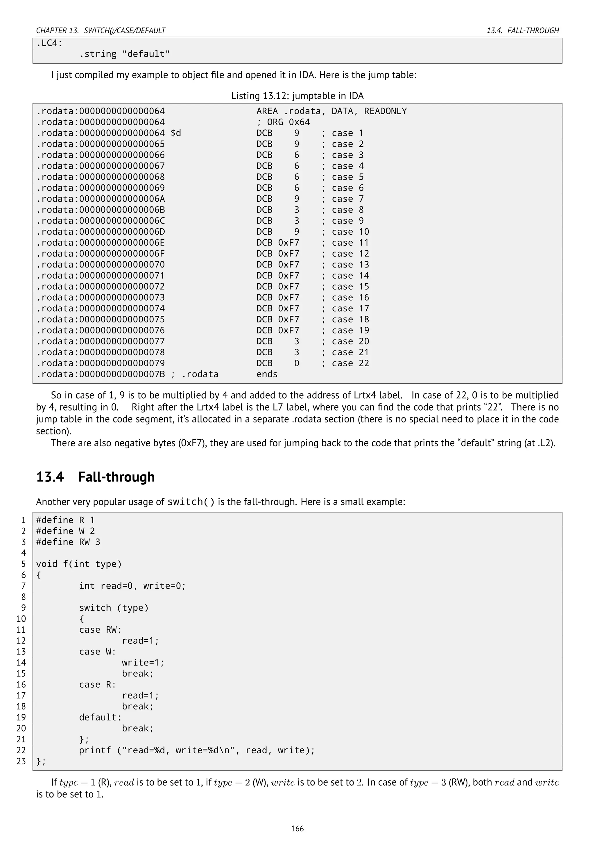 CHAPTER 13. SWITCH()/CASE/DEFAULT 13.4. FALL-THROUGH
.LC4:
.string "default"
I just compiled my example to object ﬁle and opened it in IDA. Here is the jump table:
Listing 13.12: jumptable in IDA
.rodata:0000000000000064 AREA .rodata, DATA, READONLY
.rodata:0000000000000064 ; ORG 0x64
.rodata:0000000000000064 $d DCB 9 ; case 1
.rodata:0000000000000065 DCB 9 ; case 2
.rodata:0000000000000066 DCB 6 ; case 3
.rodata:0000000000000067 DCB 6 ; case 4
.rodata:0000000000000068 DCB 6 ; case 5
.rodata:0000000000000069 DCB 6 ; case 6
.rodata:000000000000006A DCB 9 ; case 7
.rodata:000000000000006B DCB 3 ; case 8
.rodata:000000000000006C DCB 3 ; case 9
.rodata:000000000000006D DCB 9 ; case 10
.rodata:000000000000006E DCB 0xF7 ; case 11
.rodata:000000000000006F DCB 0xF7 ; case 12
.rodata:0000000000000070 DCB 0xF7 ; case 13
.rodata:0000000000000071 DCB 0xF7 ; case 14
.rodata:0000000000000072 DCB 0xF7 ; case 15
.rodata:0000000000000073 DCB 0xF7 ; case 16
.rodata:0000000000000074 DCB 0xF7 ; case 17
.rodata:0000000000000075 DCB 0xF7 ; case 18
.rodata:0000000000000076 DCB 0xF7 ; case 19
.rodata:0000000000000077 DCB 3 ; case 20
.rodata:0000000000000078 DCB 3 ; case 21
.rodata:0000000000000079 DCB 0 ; case 22
.rodata:000000000000007B ; .rodata ends
So in case of 1, 9 is to be multiplied by 4 and added to the address of Lrtx4 label. In case of 22, 0 is to be multiplied
by 4, resulting in 0. Right after the Lrtx4 label is the L7 label, where you can ﬁnd the code that prints “22”. There is no
jump table in the code segment, it’s allocated in a separate .rodata section (there is no special need to place it in the code
section).
There are also negative bytes (0xF7), they are used for jumping back to the code that prints the “default” string (at .L2).
13.4 Fall-through
Another very popular usage of switch() is the fall-through. Here is a small example:
1 #define R 1
2 #define W 2
3 #define RW 3
4
5 void f(int type)
6 {
7 int read=0, write=0;
8
9 switch (type)
10 {
11 case RW:
12 read=1;
13 case W:
14 write=1;
15 break;
16 case R:
17 read=1;
18 break;
19 default:
20 break;
21 };
22 printf ("read=%d, write=%dn", read, write);
23 };
If type = 1 (R), read is to be set to 1, if type = 2 (W), write is to be set to 2. In case of type = 3 (RW), both read and write
is to be set to 1.
166
 