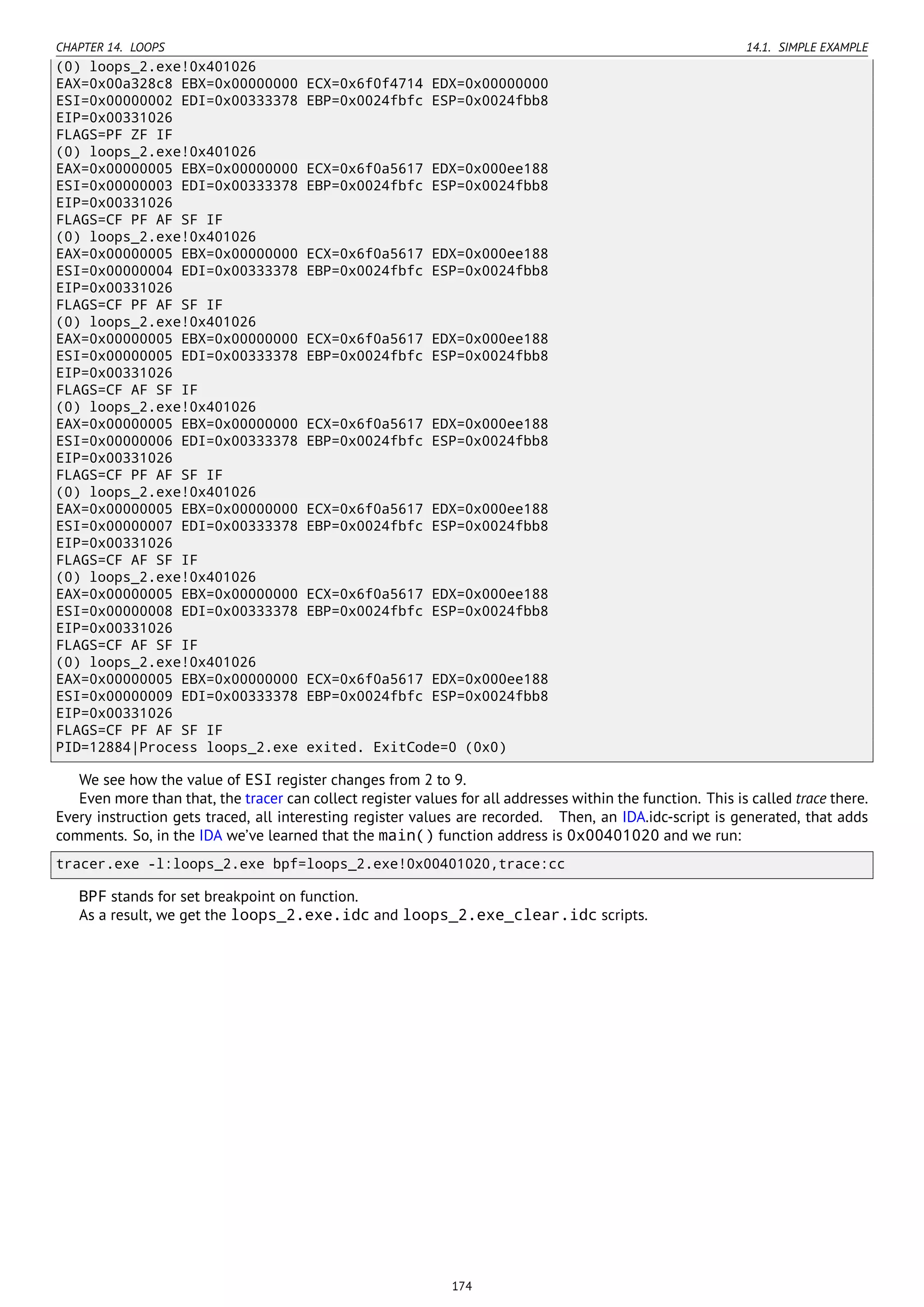 CHAPTER 14. LOOPS 14.1. SIMPLE EXAMPLE
(0) loops_2.exe!0x401026
EAX=0x00a328c8 EBX=0x00000000 ECX=0x6f0f4714 EDX=0x00000000
ESI=0x00000002 EDI=0x00333378 EBP=0x0024fbfc ESP=0x0024fbb8
EIP=0x00331026
FLAGS=PF ZF IF
(0) loops_2.exe!0x401026
EAX=0x00000005 EBX=0x00000000 ECX=0x6f0a5617 EDX=0x000ee188
ESI=0x00000003 EDI=0x00333378 EBP=0x0024fbfc ESP=0x0024fbb8
EIP=0x00331026
FLAGS=CF PF AF SF IF
(0) loops_2.exe!0x401026
EAX=0x00000005 EBX=0x00000000 ECX=0x6f0a5617 EDX=0x000ee188
ESI=0x00000004 EDI=0x00333378 EBP=0x0024fbfc ESP=0x0024fbb8
EIP=0x00331026
FLAGS=CF PF AF SF IF
(0) loops_2.exe!0x401026
EAX=0x00000005 EBX=0x00000000 ECX=0x6f0a5617 EDX=0x000ee188
ESI=0x00000005 EDI=0x00333378 EBP=0x0024fbfc ESP=0x0024fbb8
EIP=0x00331026
FLAGS=CF AF SF IF
(0) loops_2.exe!0x401026
EAX=0x00000005 EBX=0x00000000 ECX=0x6f0a5617 EDX=0x000ee188
ESI=0x00000006 EDI=0x00333378 EBP=0x0024fbfc ESP=0x0024fbb8
EIP=0x00331026
FLAGS=CF PF AF SF IF
(0) loops_2.exe!0x401026
EAX=0x00000005 EBX=0x00000000 ECX=0x6f0a5617 EDX=0x000ee188
ESI=0x00000007 EDI=0x00333378 EBP=0x0024fbfc ESP=0x0024fbb8
EIP=0x00331026
FLAGS=CF AF SF IF
(0) loops_2.exe!0x401026
EAX=0x00000005 EBX=0x00000000 ECX=0x6f0a5617 EDX=0x000ee188
ESI=0x00000008 EDI=0x00333378 EBP=0x0024fbfc ESP=0x0024fbb8
EIP=0x00331026
FLAGS=CF AF SF IF
(0) loops_2.exe!0x401026
EAX=0x00000005 EBX=0x00000000 ECX=0x6f0a5617 EDX=0x000ee188
ESI=0x00000009 EDI=0x00333378 EBP=0x0024fbfc ESP=0x0024fbb8
EIP=0x00331026
FLAGS=CF PF AF SF IF
PID=12884|Process loops_2.exe exited. ExitCode=0 (0x0)
We see how the value of ESI register changes from 2 to 9.
Even more than that, the tracer can collect register values for all addresses within the function. This is called trace there.
Every instruction gets traced, all interesting register values are recorded. Then, an IDA.idc-script is generated, that adds
comments. So, in the IDA we’ve learned that the main() function address is 0x00401020 and we run:
tracer.exe -l:loops_2.exe bpf=loops_2.exe!0x00401020,trace:cc
BPF stands for set breakpoint on function.
As a result, we get the loops_2.exe.idc and loops_2.exe_clear.idc scripts.
174
 