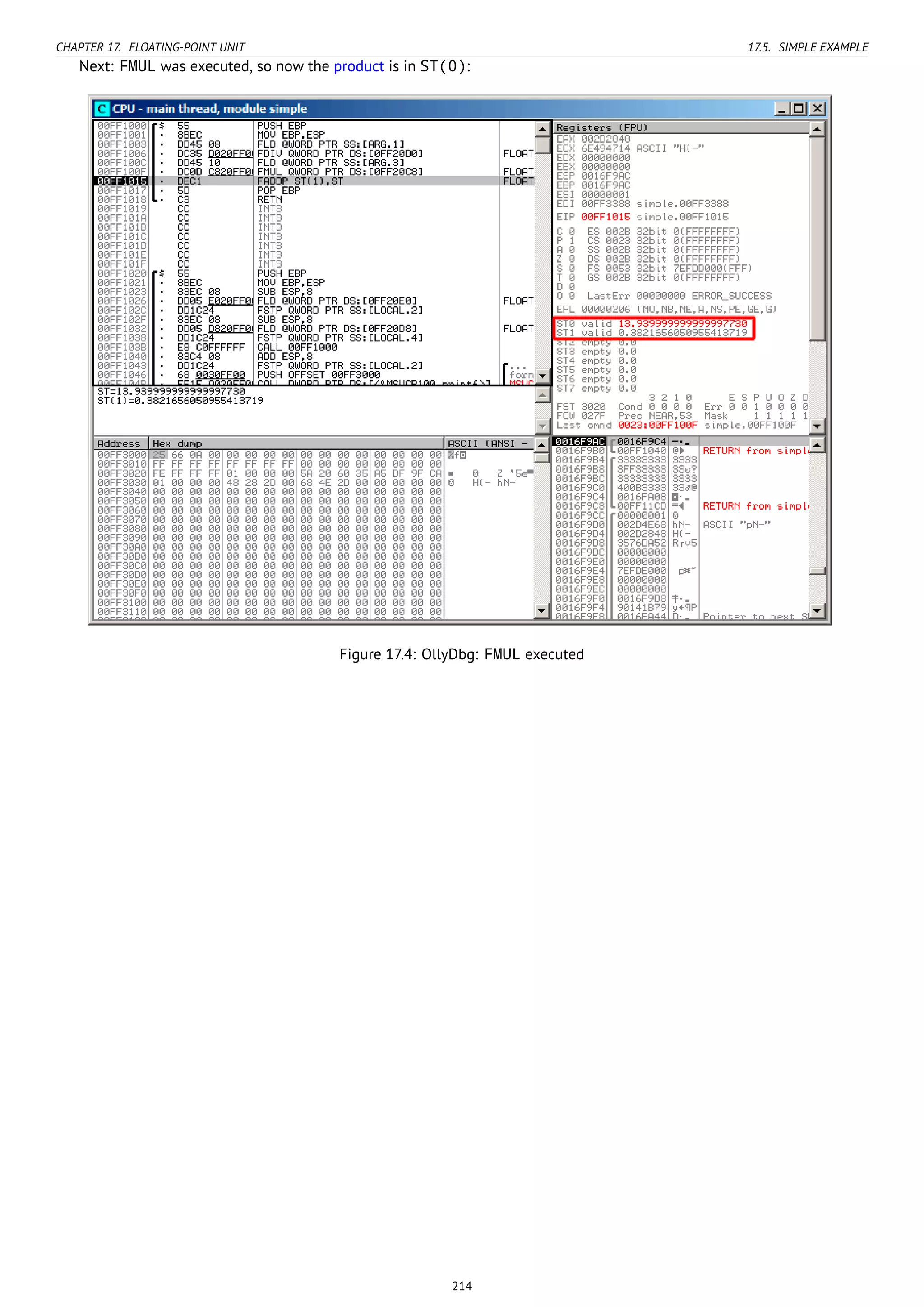 CHAPTER 17. FLOATING-POINT UNIT 17.5. SIMPLE EXAMPLE
Next: FMUL was executed, so now the product is in ST(0):
Figure 17.4: OllyDbg: FMUL executed
214
 