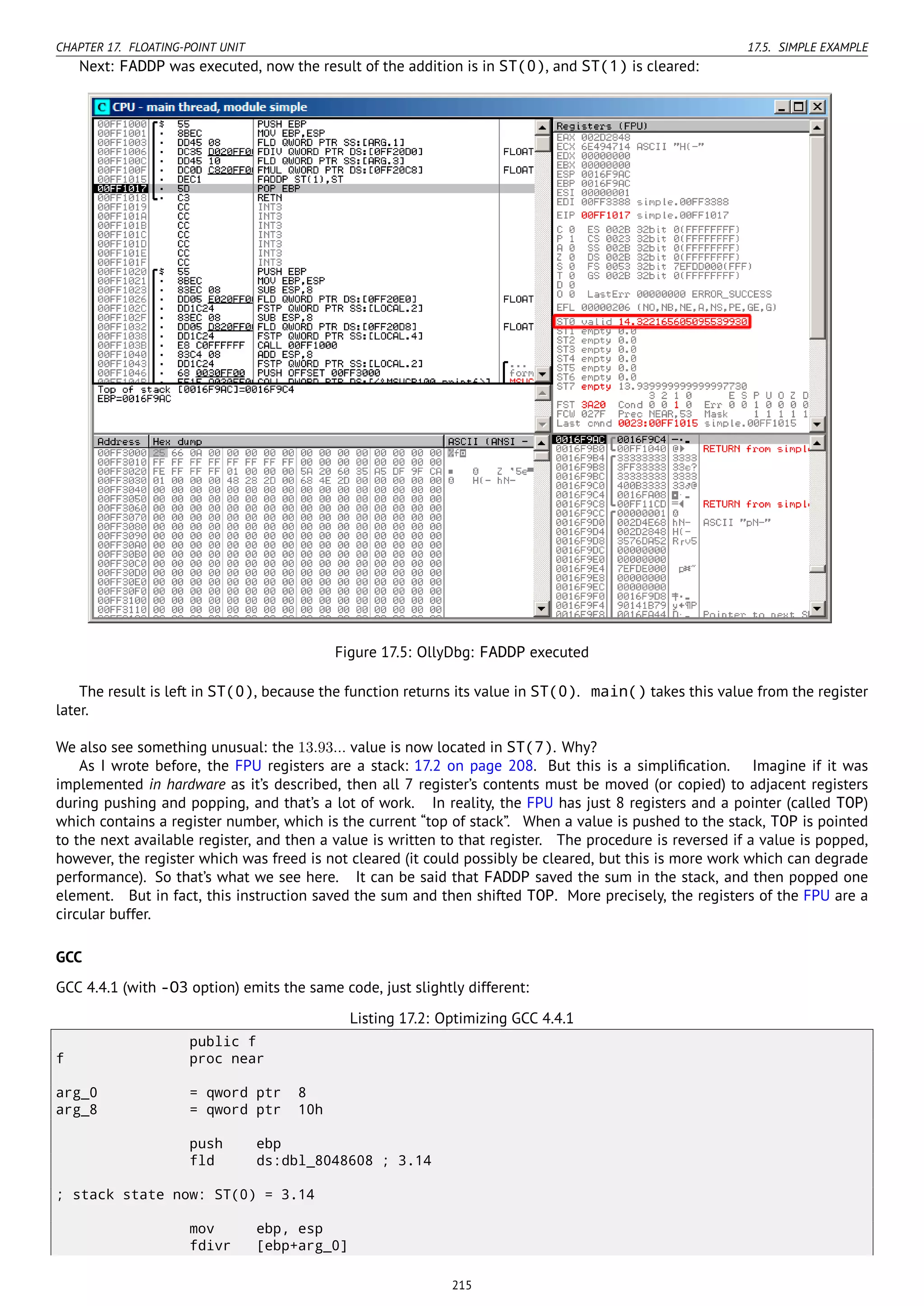 CHAPTER 17. FLOATING-POINT UNIT 17.5. SIMPLE EXAMPLE
Next: FADDP was executed, now the result of the addition is in ST(0), and ST(1) is cleared:
Figure 17.5: OllyDbg: FADDP executed
The result is left in ST(0), because the function returns its value in ST(0). main() takes this value from the register
later.
We also see something unusual: the 13.93... value is now located in ST(7). Why?
As I wrote before, the FPU registers are a stack: 17.2 on page 208. But this is a simpliﬁcation. Imagine if it was
implemented in hardware as it’s described, then all 7 register’s contents must be moved (or copied) to adjacent registers
during pushing and popping, and that’s a lot of work. In reality, the FPU has just 8 registers and a pointer (called TOP)
which contains a register number, which is the current “top of stack”. When a value is pushed to the stack, TOP is pointed
to the next available register, and then a value is written to that register. The procedure is reversed if a value is popped,
however, the register which was freed is not cleared (it could possibly be cleared, but this is more work which can degrade
performance). So that’s what we see here. It can be said that FADDP saved the sum in the stack, and then popped one
element. But in fact, this instruction saved the sum and then shifted TOP. More precisely, the registers of the FPU are a
circular buffer.
GCC
GCC 4.4.1 (with -O3 option) emits the same code, just slightly different:
Listing 17.2: Optimizing GCC 4.4.1
public f
f proc near
arg_0 = qword ptr 8
arg_8 = qword ptr 10h
push ebp
fld ds:dbl_8048608 ; 3.14
; stack state now: ST(0) = 3.14
mov ebp, esp
fdivr [ebp+arg_0]
215
 