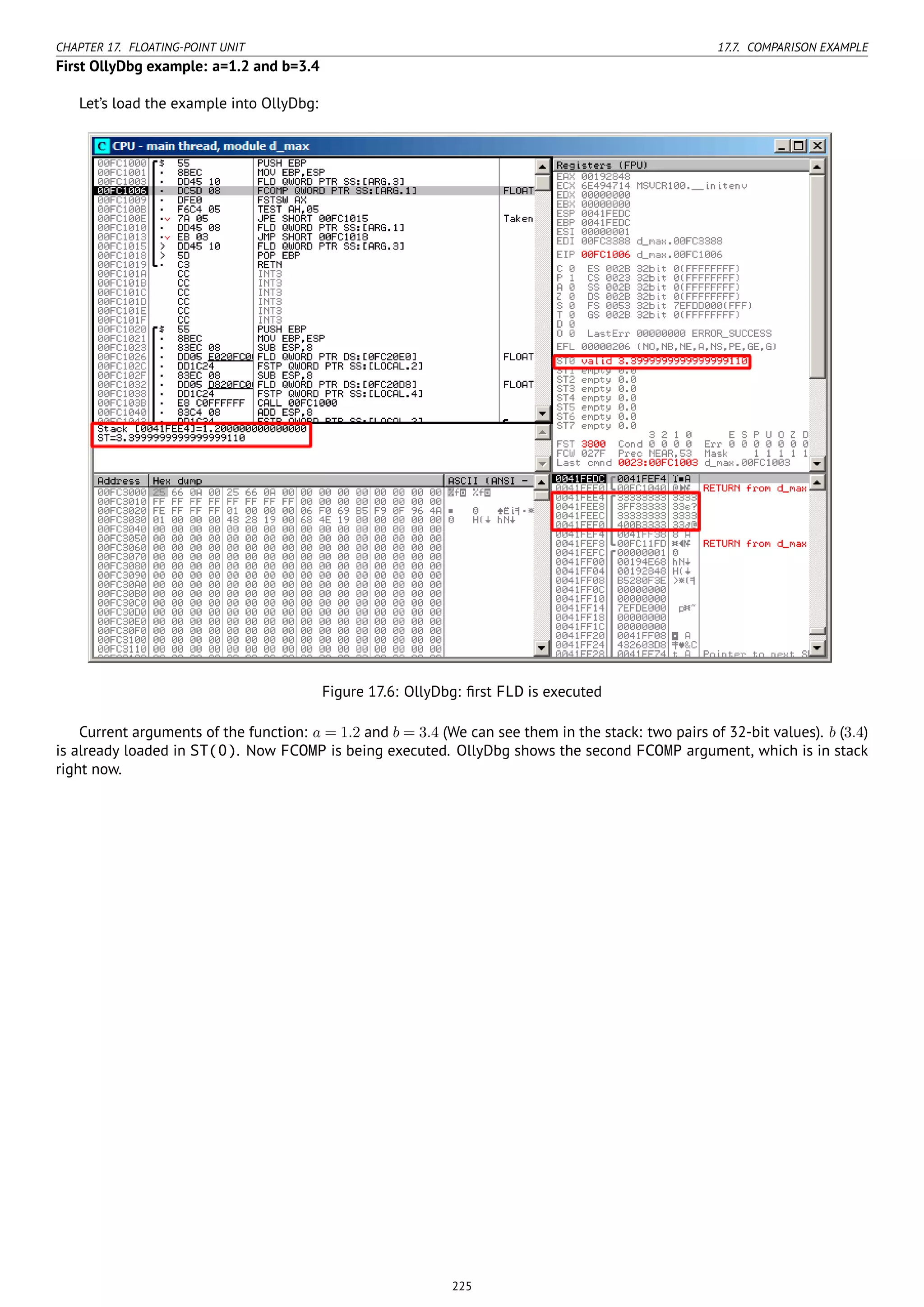 CHAPTER 17. FLOATING-POINT UNIT 17.7. COMPARISON EXAMPLE
First OllyDbg example: a=1.2 and b=3.4
Let’s load the example into OllyDbg:
Figure 17.6: OllyDbg: ﬁrst FLD is executed
Current arguments of the function: a = 1.2 and b = 3.4 (We can see them in the stack: two pairs of 32-bit values). b (3.4)
is already loaded in ST(0). Now FCOMP is being executed. OllyDbg shows the second FCOMP argument, which is in stack
right now.
225
 