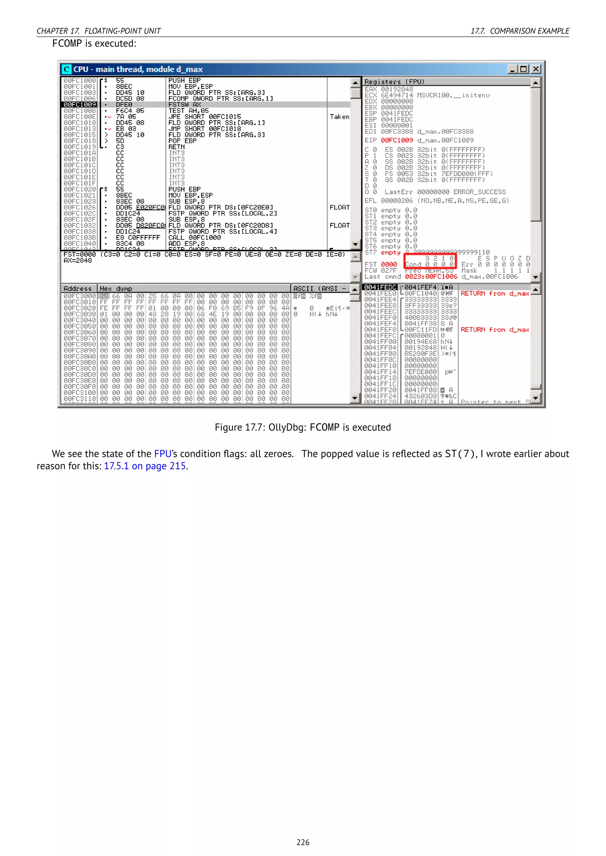 CHAPTER 17. FLOATING-POINT UNIT 17.7. COMPARISON EXAMPLE
FCOMP is executed:
Figure 17.7: OllyDbg: FCOMP is executed
We see the state of the FPU’s condition ﬂags: all zeroes. The popped value is reﬂected as ST(7), I wrote earlier about
reason for this: 17.5.1 on page 215.
226
 