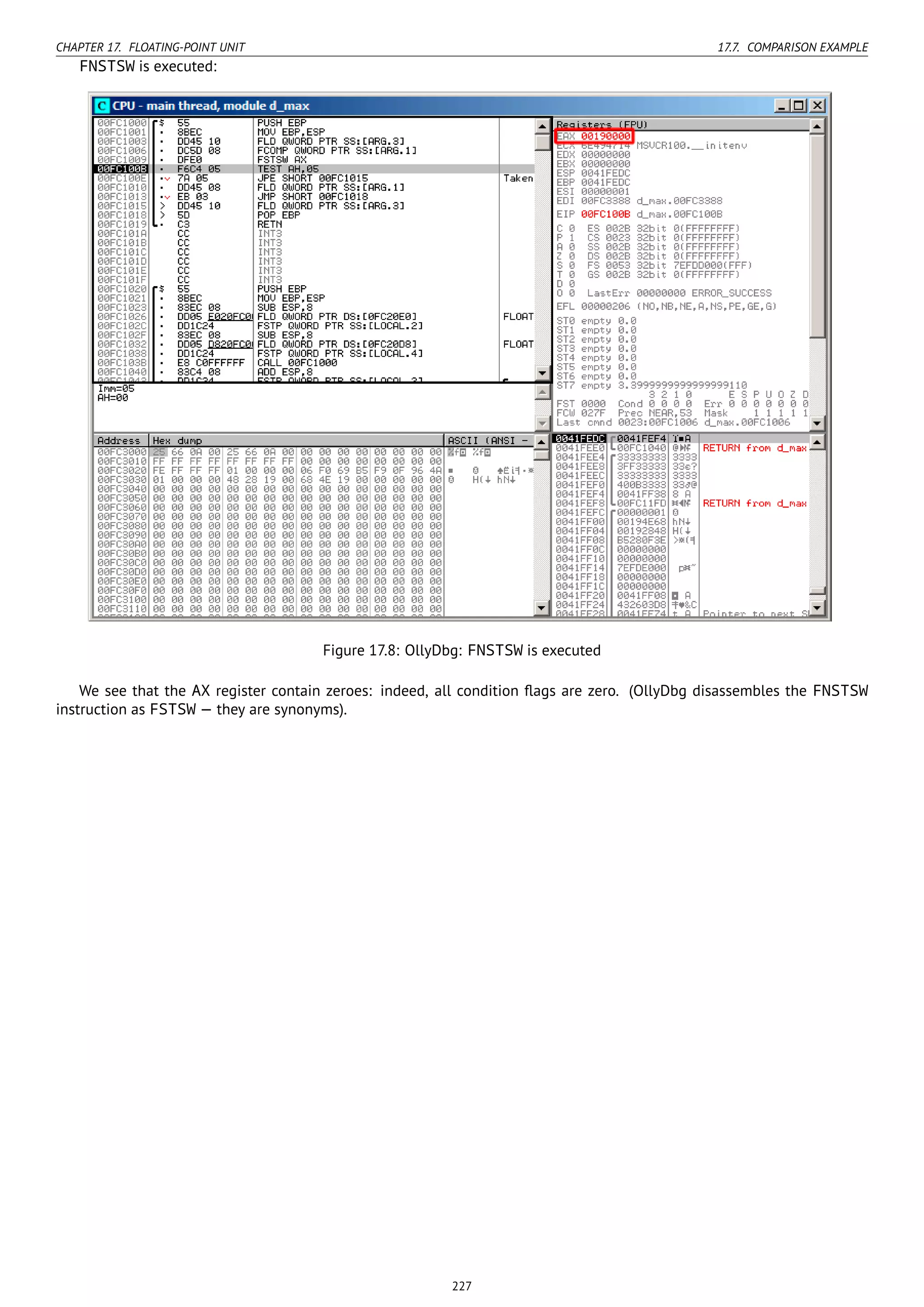 CHAPTER 17. FLOATING-POINT UNIT 17.7. COMPARISON EXAMPLE
FNSTSW is executed:
Figure 17.8: OllyDbg: FNSTSW is executed
We see that the AX register contain zeroes: indeed, all condition ﬂags are zero. (OllyDbg disassembles the FNSTSW
instruction as FSTSW — they are synonyms).
227
 
