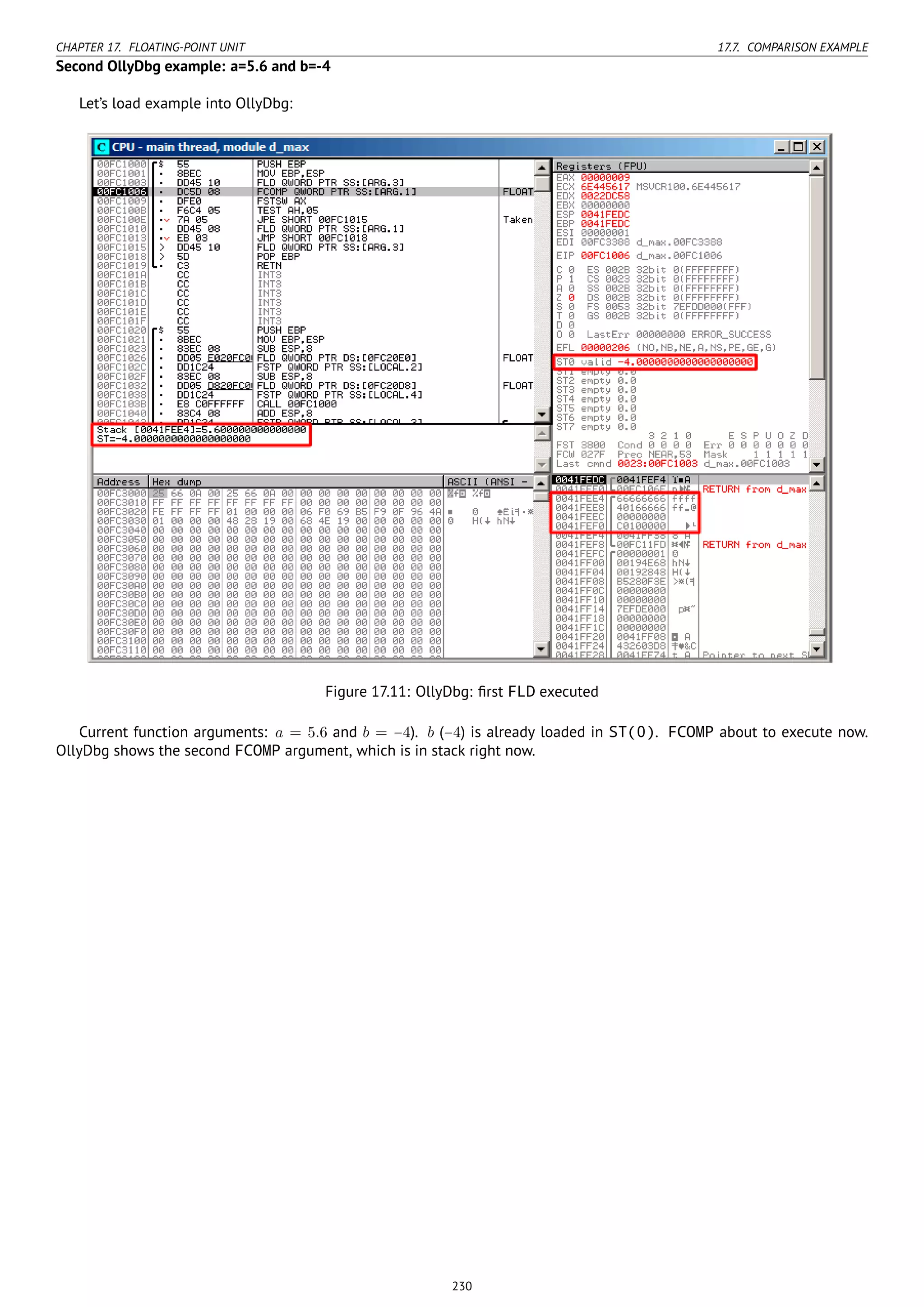 CHAPTER 17. FLOATING-POINT UNIT 17.7. COMPARISON EXAMPLE
Second OllyDbg example: a=5.6 and b=-4
Let’s load example into OllyDbg:
Figure 17.11: OllyDbg: ﬁrst FLD executed
Current function arguments: a = 5.6 and b = −4). b (−4) is already loaded in ST(0). FCOMP about to execute now.
OllyDbg shows the second FCOMP argument, which is in stack right now.
230
 