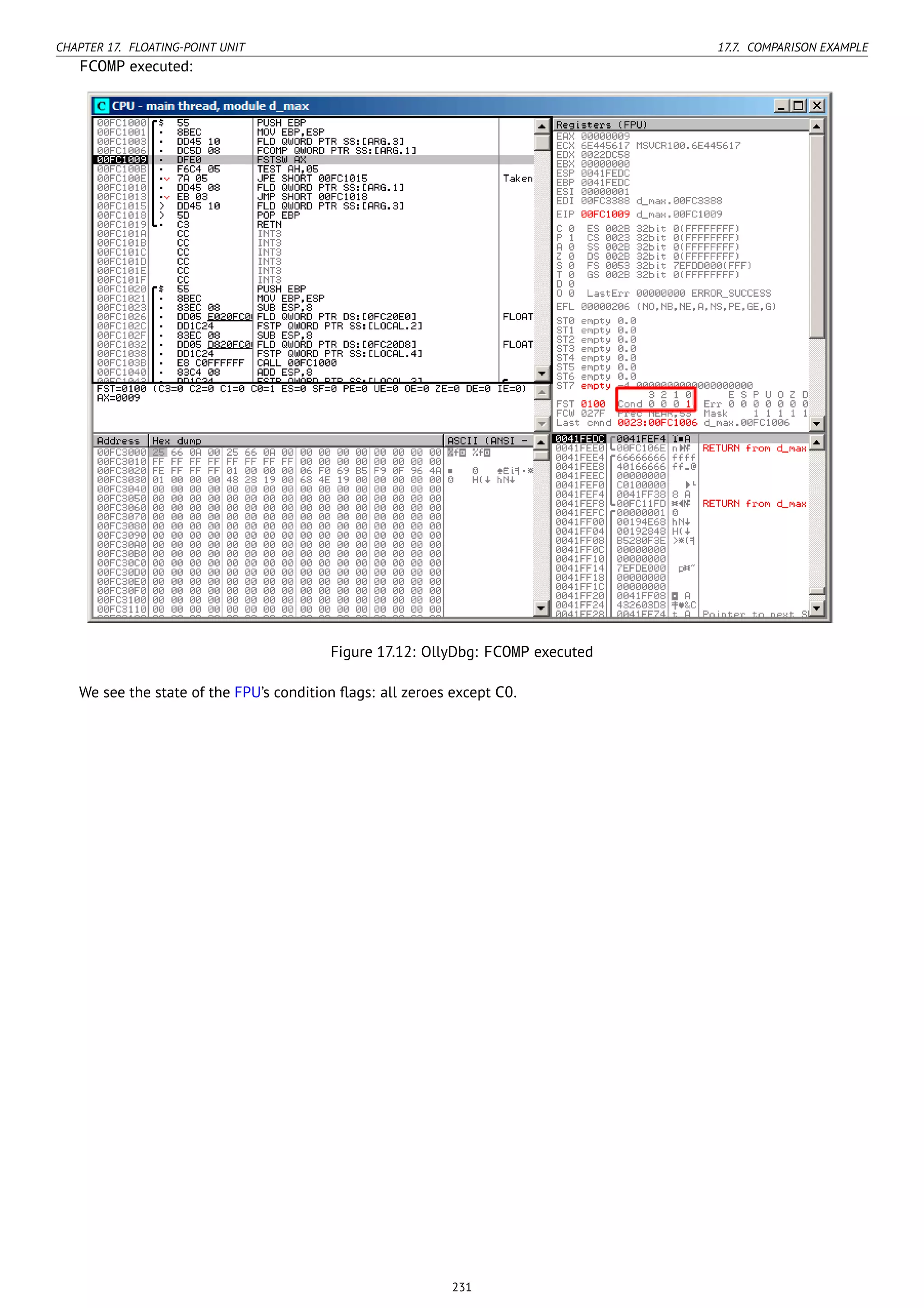 CHAPTER 17. FLOATING-POINT UNIT 17.7. COMPARISON EXAMPLE
FCOMP executed:
Figure 17.12: OllyDbg: FCOMP executed
We see the state of the FPU’s condition ﬂags: all zeroes except C0.
231
 