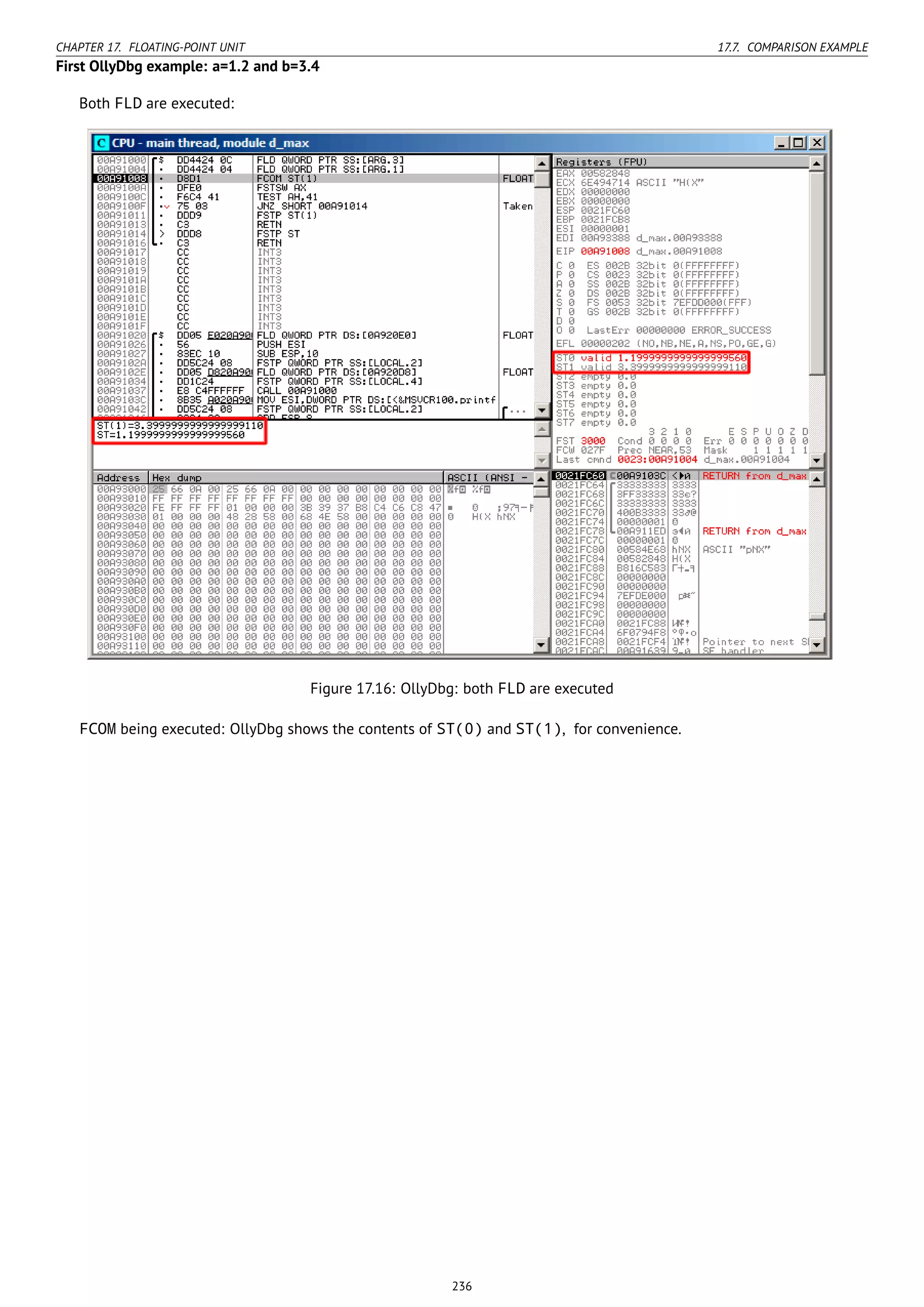 CHAPTER 17. FLOATING-POINT UNIT 17.7. COMPARISON EXAMPLE
First OllyDbg example: a=1.2 and b=3.4
Both FLD are executed:
Figure 17.16: OllyDbg: both FLD are executed
FCOM being executed: OllyDbg shows the contents of ST(0) and ST(1), for convenience.
236
 