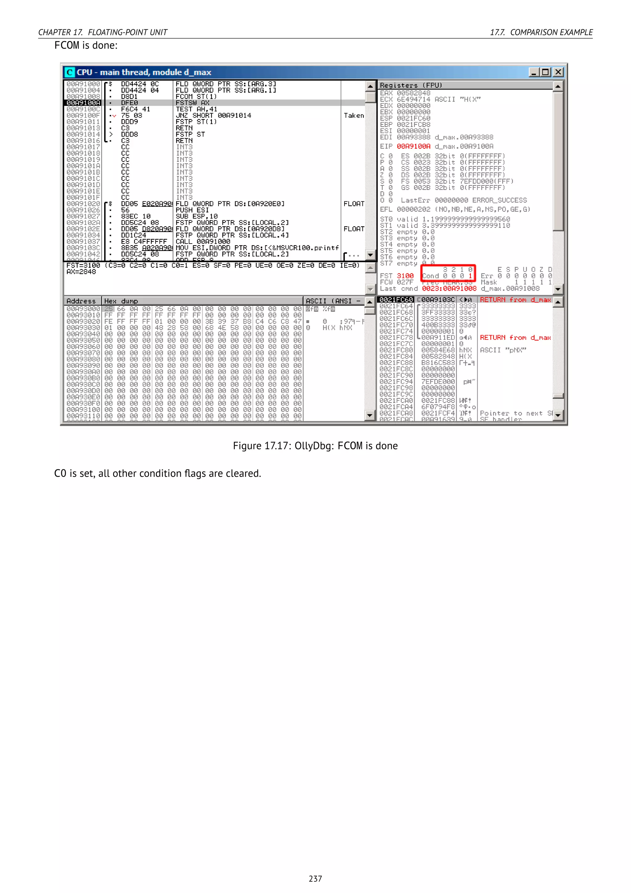 CHAPTER 17. FLOATING-POINT UNIT 17.7. COMPARISON EXAMPLE
FCOM is done:
Figure 17.17: OllyDbg: FCOM is done
C0 is set, all other condition ﬂags are cleared.
237
 