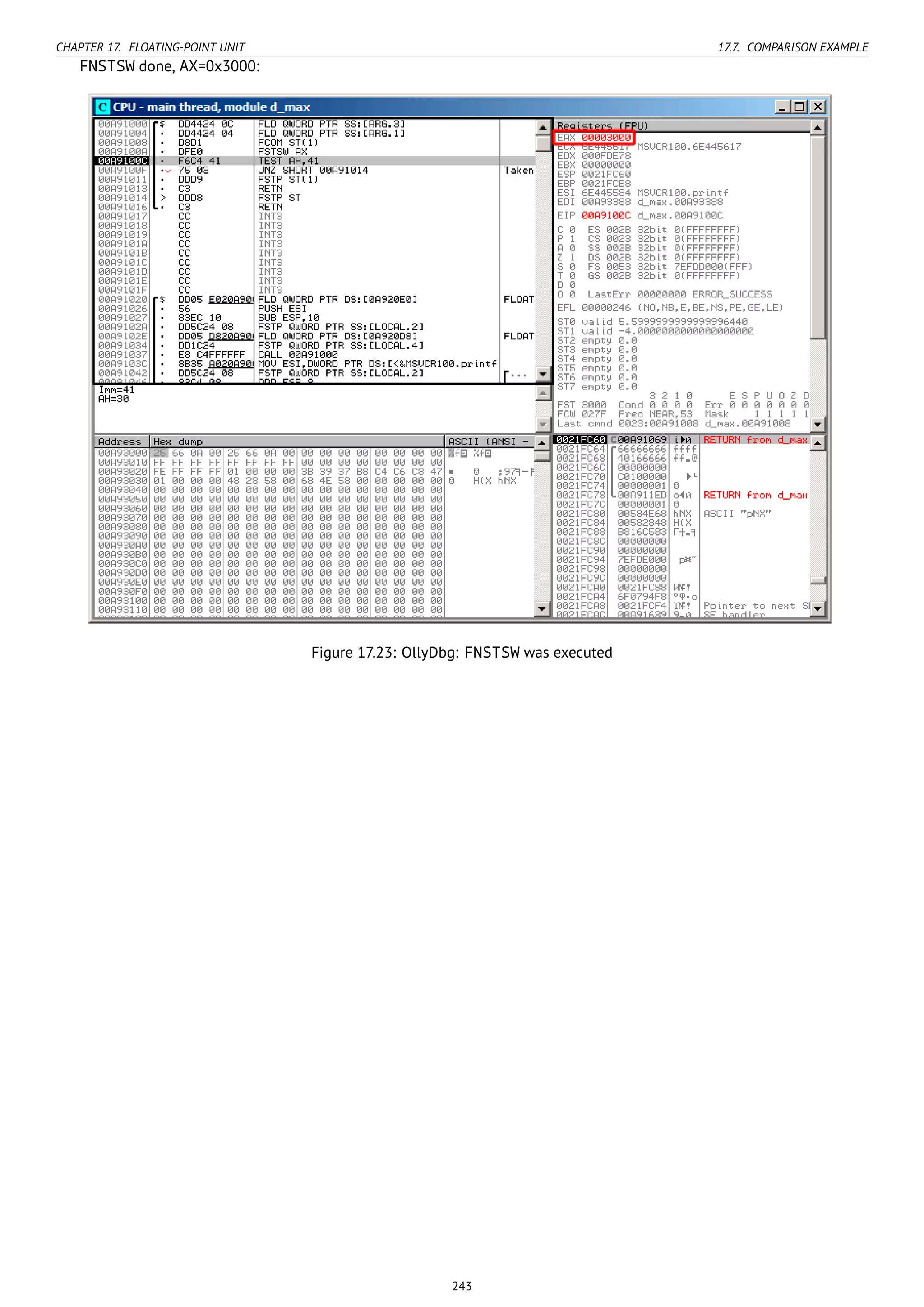 CHAPTER 17. FLOATING-POINT UNIT 17.7. COMPARISON EXAMPLE
FNSTSW done, AX=0x3000:
Figure 17.23: OllyDbg: FNSTSW was executed
243
 