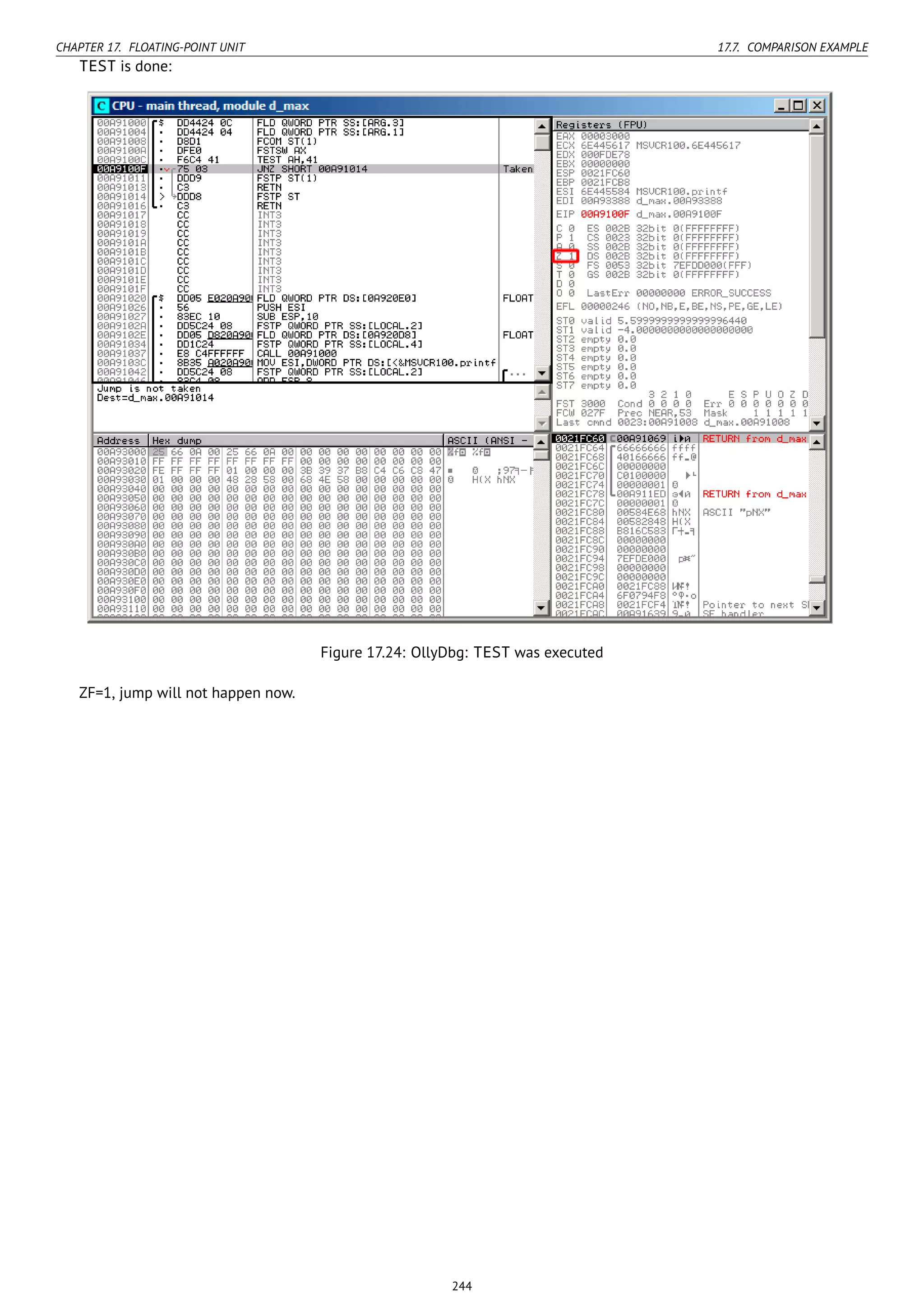 CHAPTER 17. FLOATING-POINT UNIT 17.7. COMPARISON EXAMPLE
TEST is done:
Figure 17.24: OllyDbg: TEST was executed
ZF=1, jump will not happen now.
244
 