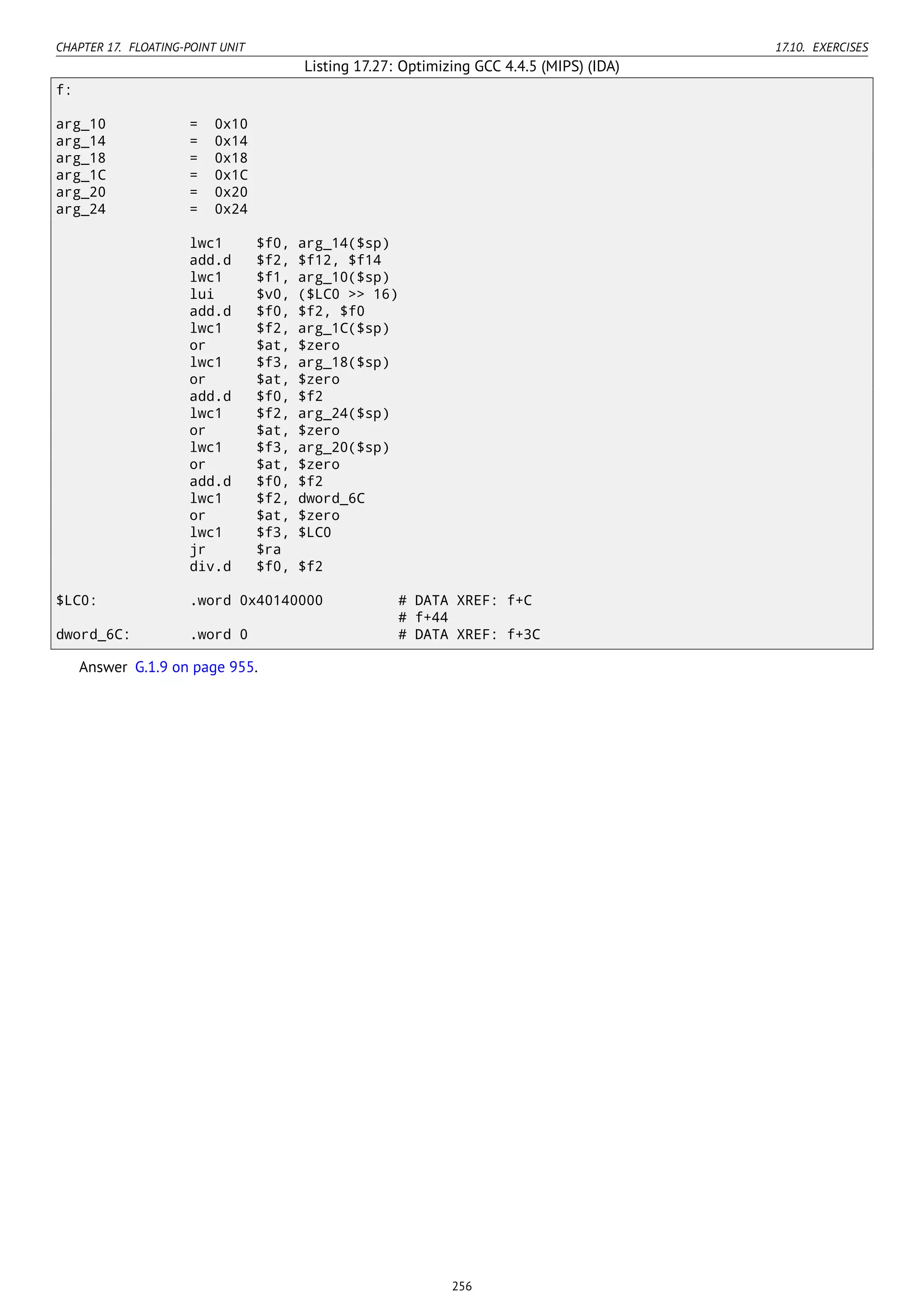 CHAPTER 17. FLOATING-POINT UNIT 17.10. EXERCISES
Listing 17.27: Optimizing GCC 4.4.5 (MIPS) (IDA)
f:
arg_10 = 0x10
arg_14 = 0x14
arg_18 = 0x18
arg_1C = 0x1C
arg_20 = 0x20
arg_24 = 0x24
lwc1 $f0, arg_14($sp)
add.d $f2, $f12, $f14
lwc1 $f1, arg_10($sp)
lui $v0, ($LC0 >> 16)
add.d $f0, $f2, $f0
lwc1 $f2, arg_1C($sp)
or $at, $zero
lwc1 $f3, arg_18($sp)
or $at, $zero
add.d $f0, $f2
lwc1 $f2, arg_24($sp)
or $at, $zero
lwc1 $f3, arg_20($sp)
or $at, $zero
add.d $f0, $f2
lwc1 $f2, dword_6C
or $at, $zero
lwc1 $f3, $LC0
jr $ra
div.d $f0, $f2
$LC0: .word 0x40140000 # DATA XREF: f+C
# f+44
dword_6C: .word 0 # DATA XREF: f+3C
Answer G.1.9 on page 955.
256
 