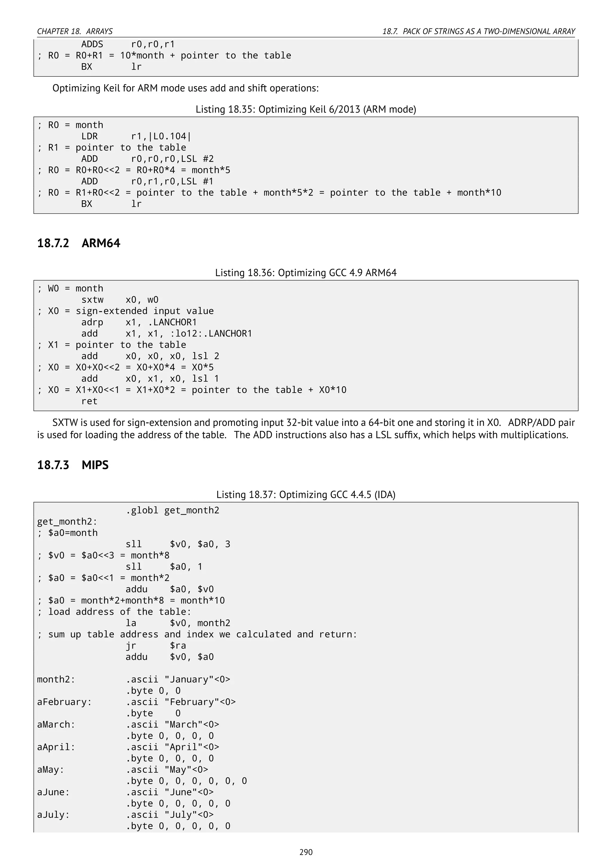 CHAPTER 18. ARRAYS 18.7. PACK OF STRINGS AS A TWO-DIMENSIONAL ARRAY
ADDS r0,r0,r1
; R0 = R0+R1 = 10*month + pointer to the table
BX lr
Optimizing Keil for ARM mode uses add and shift operations:
Listing 18.35: Optimizing Keil 6/2013 (ARM mode)
; R0 = month
LDR r1,|L0.104|
; R1 = pointer to the table
ADD r0,r0,r0,LSL #2
; R0 = R0+R0<<2 = R0+R0*4 = month*5
ADD r0,r1,r0,LSL #1
; R0 = R1+R0<<2 = pointer to the table + month*5*2 = pointer to the table + month*10
BX lr
18.7.2 ARM64
Listing 18.36: Optimizing GCC 4.9 ARM64
; W0 = month
sxtw x0, w0
; X0 = sign-extended input value
adrp x1, .LANCHOR1
add x1, x1, :lo12:.LANCHOR1
; X1 = pointer to the table
add x0, x0, x0, lsl 2
; X0 = X0+X0<<2 = X0+X0*4 = X0*5
add x0, x1, x0, lsl 1
; X0 = X1+X0<<1 = X1+X0*2 = pointer to the table + X0*10
ret
SXTW is used for sign-extension and promoting input 32-bit value into a 64-bit one and storing it in X0. ADRP/ADD pair
is used for loading the address of the table. The ADD instructions also has a LSL sufﬁx, which helps with multiplications.
18.7.3 MIPS
Listing 18.37: Optimizing GCC 4.4.5 (IDA)
.globl get_month2
get_month2:
; $a0=month
sll $v0, $a0, 3
; $v0 = $a0<<3 = month*8
sll $a0, 1
; $a0 = $a0<<1 = month*2
addu $a0, $v0
; $a0 = month*2+month*8 = month*10
; load address of the table:
la $v0, month2
; sum up table address and index we calculated and return:
jr $ra
addu $v0, $a0
month2: .ascii "January"<0>
.byte 0, 0
aFebruary: .ascii "February"<0>
.byte 0
aMarch: .ascii "March"<0>
.byte 0, 0, 0, 0
aApril: .ascii "April"<0>
.byte 0, 0, 0, 0
aMay: .ascii "May"<0>
.byte 0, 0, 0, 0, 0, 0
aJune: .ascii "June"<0>
.byte 0, 0, 0, 0, 0
aJuly: .ascii "July"<0>
.byte 0, 0, 0, 0, 0
290
 
