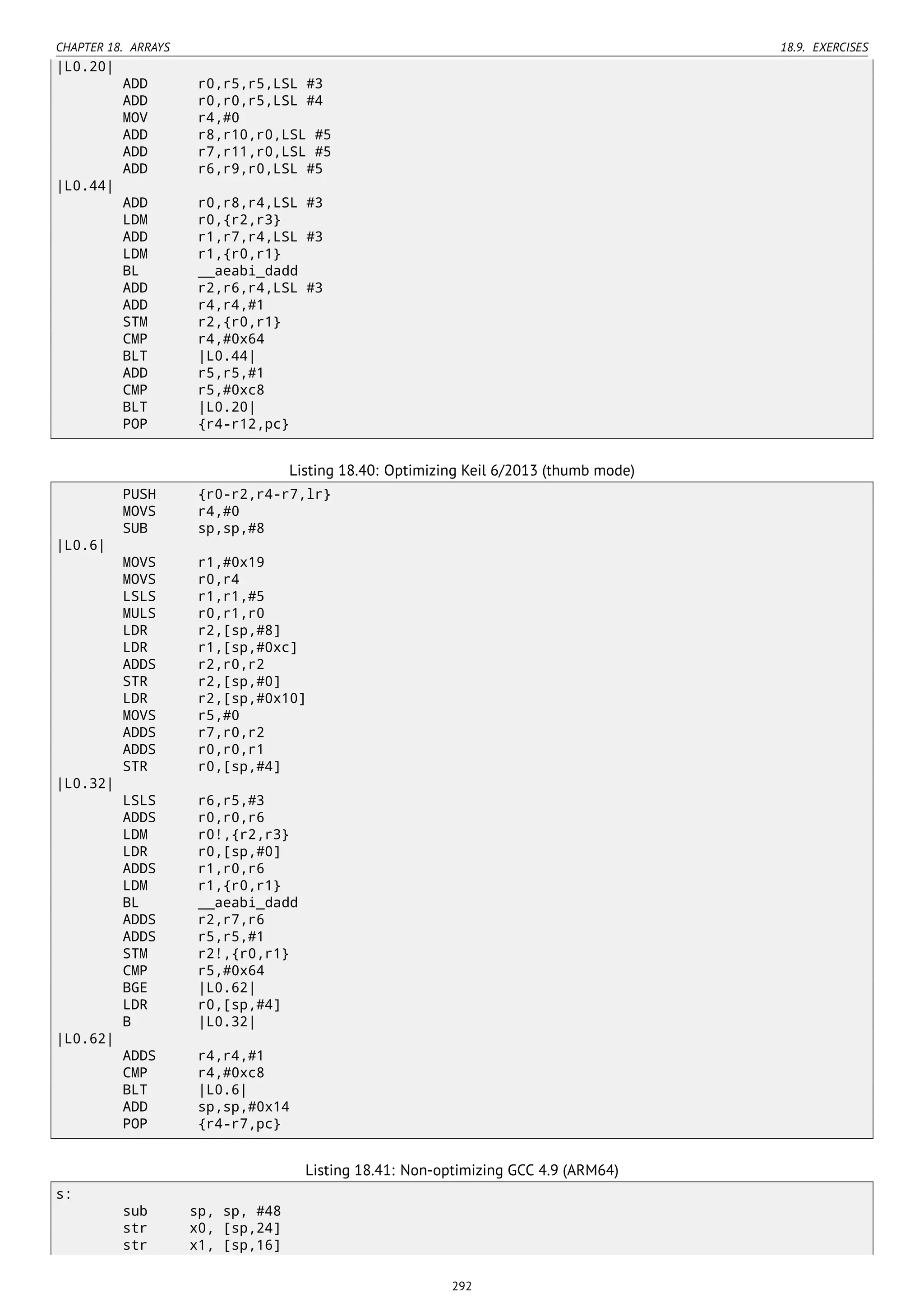 CHAPTER 18. ARRAYS 18.9. EXERCISES
|L0.20|
ADD r0,r5,r5,LSL #3
ADD r0,r0,r5,LSL #4
MOV r4,#0
ADD r8,r10,r0,LSL #5
ADD r7,r11,r0,LSL #5
ADD r6,r9,r0,LSL #5
|L0.44|
ADD r0,r8,r4,LSL #3
LDM r0,{r2,r3}
ADD r1,r7,r4,LSL #3
LDM r1,{r0,r1}
BL __aeabi_dadd
ADD r2,r6,r4,LSL #3
ADD r4,r4,#1
STM r2,{r0,r1}
CMP r4,#0x64
BLT |L0.44|
ADD r5,r5,#1
CMP r5,#0xc8
BLT |L0.20|
POP {r4-r12,pc}
Listing 18.40: Optimizing Keil 6/2013 (thumb mode)
PUSH {r0-r2,r4-r7,lr}
MOVS r4,#0
SUB sp,sp,#8
|L0.6|
MOVS r1,#0x19
MOVS r0,r4
LSLS r1,r1,#5
MULS r0,r1,r0
LDR r2,[sp,#8]
LDR r1,[sp,#0xc]
ADDS r2,r0,r2
STR r2,[sp,#0]
LDR r2,[sp,#0x10]
MOVS r5,#0
ADDS r7,r0,r2
ADDS r0,r0,r1
STR r0,[sp,#4]
|L0.32|
LSLS r6,r5,#3
ADDS r0,r0,r6
LDM r0!,{r2,r3}
LDR r0,[sp,#0]
ADDS r1,r0,r6
LDM r1,{r0,r1}
BL __aeabi_dadd
ADDS r2,r7,r6
ADDS r5,r5,#1
STM r2!,{r0,r1}
CMP r5,#0x64
BGE |L0.62|
LDR r0,[sp,#4]
B |L0.32|
|L0.62|
ADDS r4,r4,#1
CMP r4,#0xc8
BLT |L0.6|
ADD sp,sp,#0x14
POP {r4-r7,pc}
Listing 18.41: Non-optimizing GCC 4.9 (ARM64)
s:
sub sp, sp, #48
str x0, [sp,24]
str x1, [sp,16]
292
 