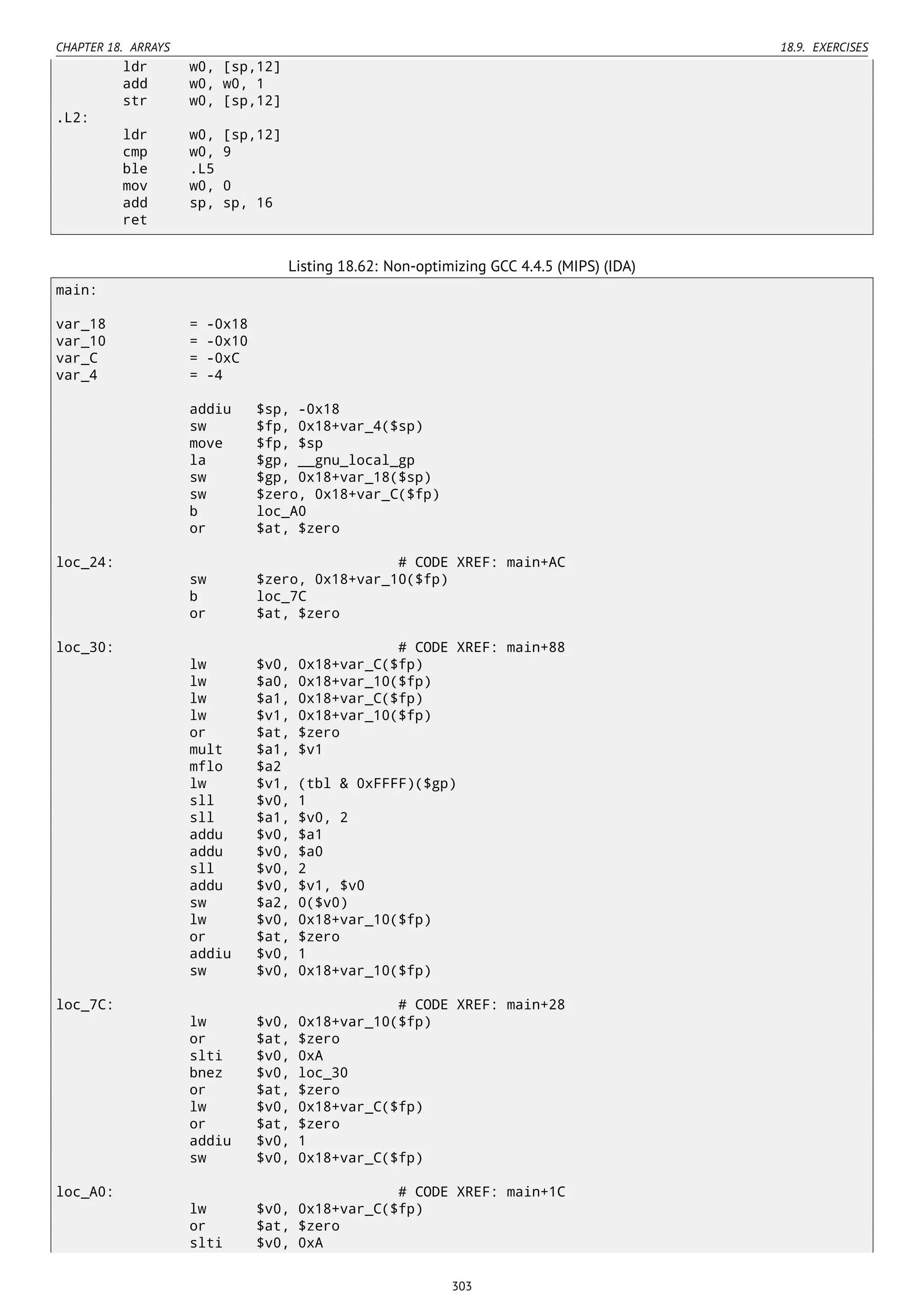 CHAPTER 18. ARRAYS 18.9. EXERCISES
ldr w0, [sp,12]
add w0, w0, 1
str w0, [sp,12]
.L2:
ldr w0, [sp,12]
cmp w0, 9
ble .L5
mov w0, 0
add sp, sp, 16
ret
Listing 18.62: Non-optimizing GCC 4.4.5 (MIPS) (IDA)
main:
var_18 = -0x18
var_10 = -0x10
var_C = -0xC
var_4 = -4
addiu $sp, -0x18
sw $fp, 0x18+var_4($sp)
move $fp, $sp
la $gp, __gnu_local_gp
sw $gp, 0x18+var_18($sp)
sw $zero, 0x18+var_C($fp)
b loc_A0
or $at, $zero
loc_24: # CODE XREF: main+AC
sw $zero, 0x18+var_10($fp)
b loc_7C
or $at, $zero
loc_30: # CODE XREF: main+88
lw $v0, 0x18+var_C($fp)
lw $a0, 0x18+var_10($fp)
lw $a1, 0x18+var_C($fp)
lw $v1, 0x18+var_10($fp)
or $at, $zero
mult $a1, $v1
mflo $a2
lw $v1, (tbl & 0xFFFF)($gp)
sll $v0, 1
sll $a1, $v0, 2
addu $v0, $a1
addu $v0, $a0
sll $v0, 2
addu $v0, $v1, $v0
sw $a2, 0($v0)
lw $v0, 0x18+var_10($fp)
or $at, $zero
addiu $v0, 1
sw $v0, 0x18+var_10($fp)
loc_7C: # CODE XREF: main+28
lw $v0, 0x18+var_10($fp)
or $at, $zero
slti $v0, 0xA
bnez $v0, loc_30
or $at, $zero
lw $v0, 0x18+var_C($fp)
or $at, $zero
addiu $v0, 1
sw $v0, 0x18+var_C($fp)
loc_A0: # CODE XREF: main+1C
lw $v0, 0x18+var_C($fp)
or $at, $zero
slti $v0, 0xA
303
 