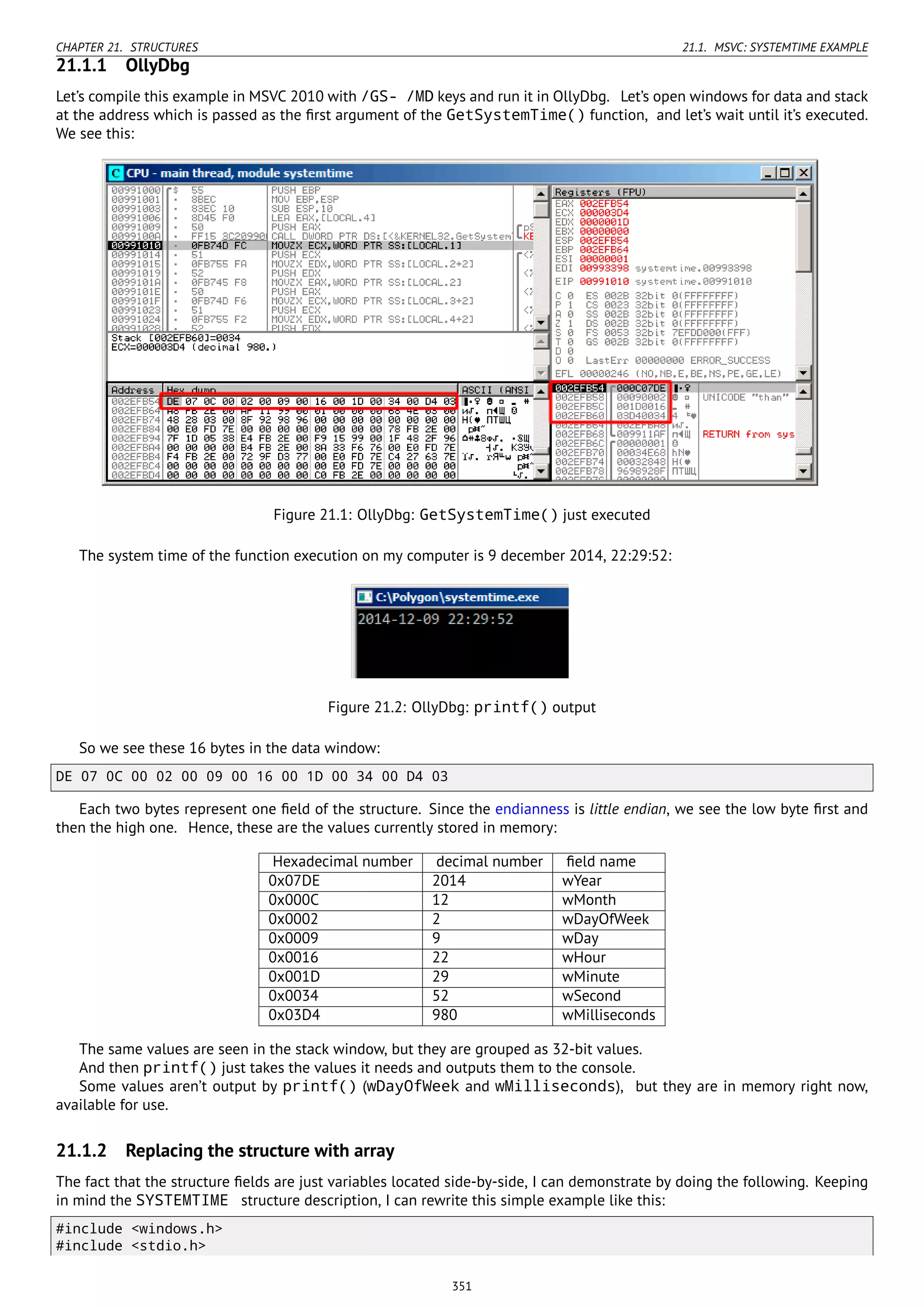 CHAPTER 21. STRUCTURES 21.1. MSVC: SYSTEMTIME EXAMPLE
21.1.1 OllyDbg
Let’s compile this example in MSVC 2010 with /GS- /MD keys and run it in OllyDbg. Let’s open windows for data and stack
at the address which is passed as the ﬁrst argument of the GetSystemTime() function, and let’s wait until it’s executed.
We see this:
Figure 21.1: OllyDbg: GetSystemTime() just executed
The system time of the function execution on my computer is 9 december 2014, 22:29:52:
Figure 21.2: OllyDbg: printf() output
So we see these 16 bytes in the data window:
DE 07 0C 00 02 00 09 00 16 00 1D 00 34 00 D4 03
Each two bytes represent one ﬁeld of the structure. Since the endianness is little endian, we see the low byte ﬁrst and
then the high one. Hence, these are the values currently stored in memory:
Hexadecimal number decimal number ﬁeld name
0x07DE 2014 wYear
0x000C 12 wMonth
0x0002 2 wDayOfWeek
0x0009 9 wDay
0x0016 22 wHour
0x001D 29 wMinute
0x0034 52 wSecond
0x03D4 980 wMilliseconds
The same values are seen in the stack window, but they are grouped as 32-bit values.
And then printf() just takes the values it needs and outputs them to the console.
Some values aren’t output by printf() (wDayOfWeek and wMilliseconds), but they are in memory right now,
available for use.
21.1.2 Replacing the structure with array
The fact that the structure ﬁelds are just variables located side-by-side, I can demonstrate by doing the following. Keeping
in mind the SYSTEMTIME structure description, I can rewrite this simple example like this:
#include <windows.h>
#include <stdio.h>
351
 