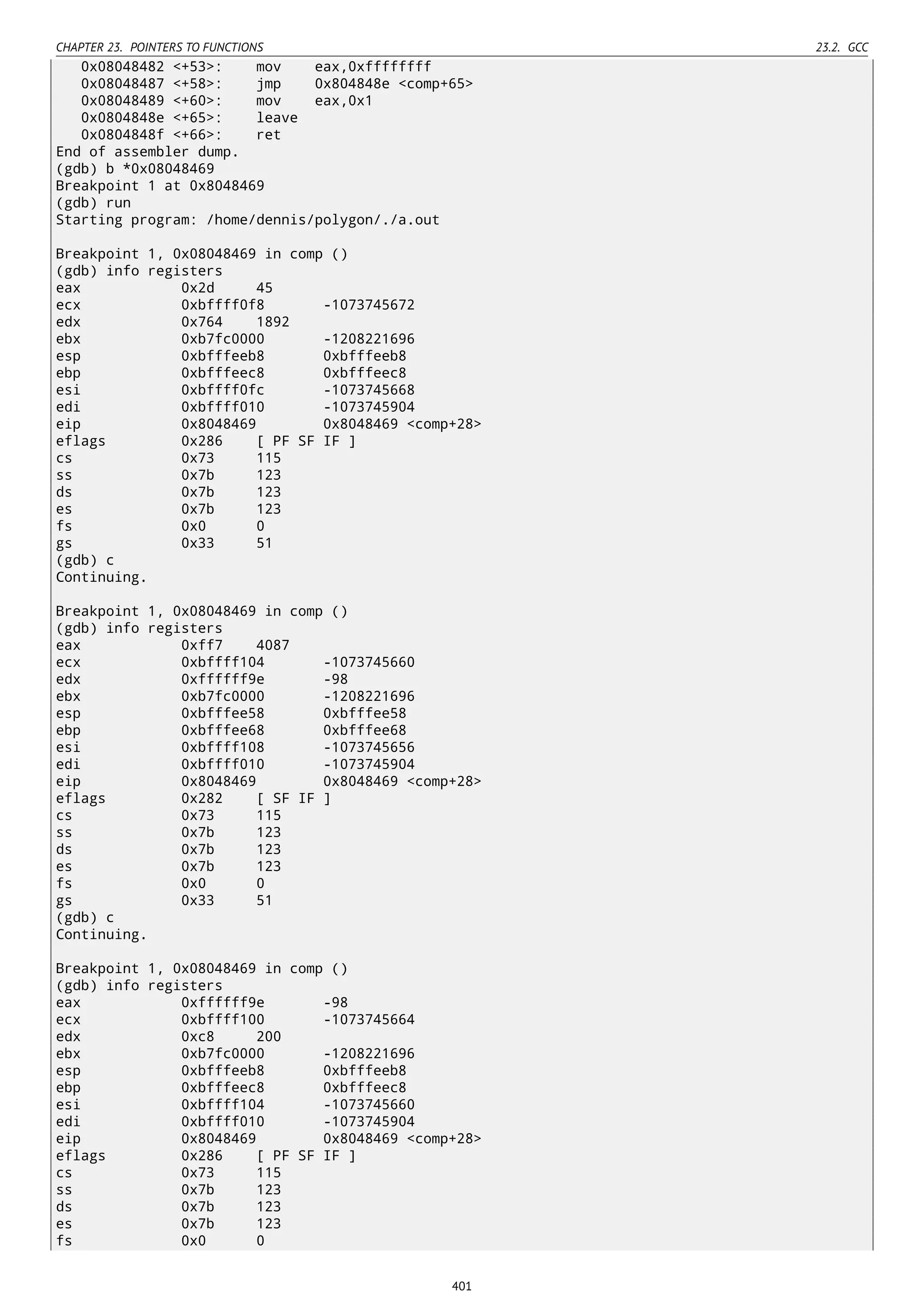 CHAPTER 23. POINTERS TO FUNCTIONS 23.2. GCC
0x08048482 <+53>: mov eax,0xffffffff
0x08048487 <+58>: jmp 0x804848e <comp+65>
0x08048489 <+60>: mov eax,0x1
0x0804848e <+65>: leave
0x0804848f <+66>: ret
End of assembler dump.
(gdb) b *0x08048469
Breakpoint 1 at 0x8048469
(gdb) run
Starting program: /home/dennis/polygon/./a.out
Breakpoint 1, 0x08048469 in comp ()
(gdb) info registers
eax 0x2d 45
ecx 0xbffff0f8 -1073745672
edx 0x764 1892
ebx 0xb7fc0000 -1208221696
esp 0xbfffeeb8 0xbfffeeb8
ebp 0xbfffeec8 0xbfffeec8
esi 0xbffff0fc -1073745668
edi 0xbffff010 -1073745904
eip 0x8048469 0x8048469 <comp+28>
eflags 0x286 [ PF SF IF ]
cs 0x73 115
ss 0x7b 123
ds 0x7b 123
es 0x7b 123
fs 0x0 0
gs 0x33 51
(gdb) c
Continuing.
Breakpoint 1, 0x08048469 in comp ()
(gdb) info registers
eax 0xff7 4087
ecx 0xbffff104 -1073745660
edx 0xffffff9e -98
ebx 0xb7fc0000 -1208221696
esp 0xbfffee58 0xbfffee58
ebp 0xbfffee68 0xbfffee68
esi 0xbffff108 -1073745656
edi 0xbffff010 -1073745904
eip 0x8048469 0x8048469 <comp+28>
eflags 0x282 [ SF IF ]
cs 0x73 115
ss 0x7b 123
ds 0x7b 123
es 0x7b 123
fs 0x0 0
gs 0x33 51
(gdb) c
Continuing.
Breakpoint 1, 0x08048469 in comp ()
(gdb) info registers
eax 0xffffff9e -98
ecx 0xbffff100 -1073745664
edx 0xc8 200
ebx 0xb7fc0000 -1208221696
esp 0xbfffeeb8 0xbfffeeb8
ebp 0xbfffeec8 0xbfffeec8
esi 0xbffff104 -1073745660
edi 0xbffff010 -1073745904
eip 0x8048469 0x8048469 <comp+28>
eflags 0x286 [ PF SF IF ]
cs 0x73 115
ss 0x7b 123
ds 0x7b 123
es 0x7b 123
fs 0x0 0
401
 