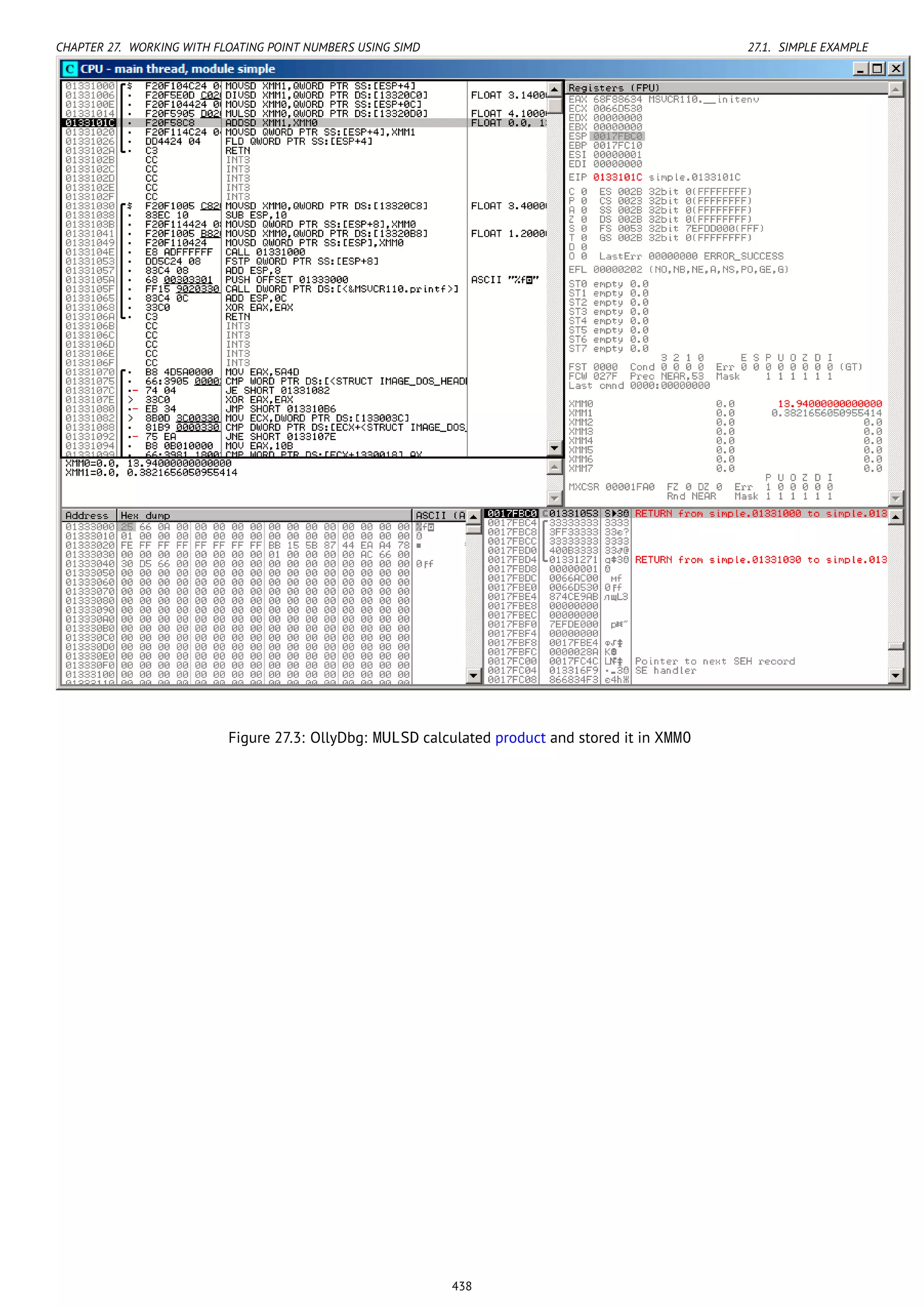 CHAPTER 27. WORKING WITH FLOATING POINT NUMBERS USING SIMD 27.1. SIMPLE EXAMPLE
Figure 27.3: OllyDbg: MULSD calculated product and stored it in XMM0
438
 