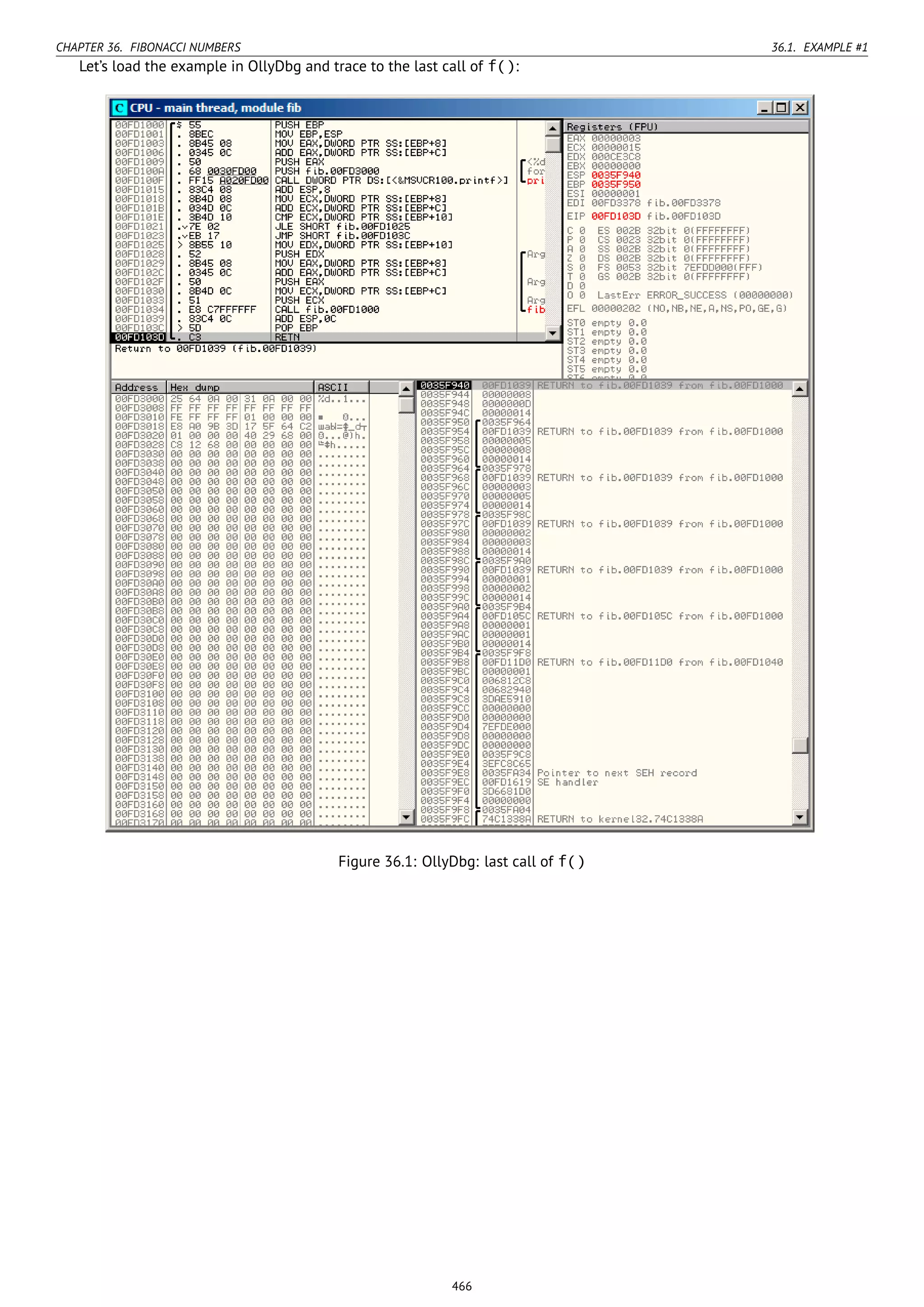 CHAPTER 36. FIBONACCI NUMBERS 36.1. EXAMPLE #1
Let’s load the example in OllyDbg and trace to the last call of f():
Figure 36.1: OllyDbg: last call of f()
466
 