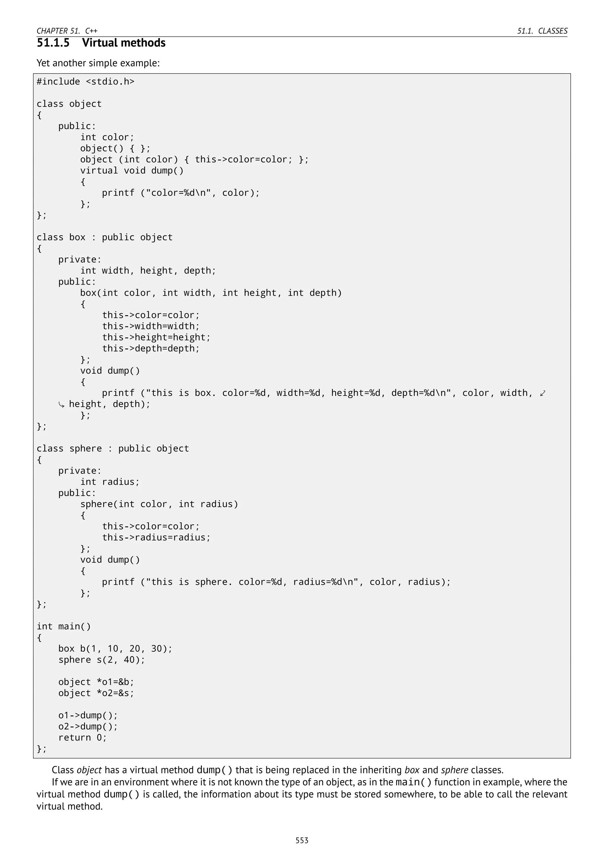 CHAPTER 51. C++ 51.1. CLASSES
51.1.5 Virtual methods
Yet another simple example:
#include <stdio.h>
class object
{
public:
int color;
object() { };
object (int color) { this->color=color; };
virtual void dump()
{
printf ("color=%dn", color);
};
};
class box : public object
{
private:
int width, height, depth;
public:
box(int color, int width, int height, int depth)
{
this->color=color;
this->width=width;
this->height=height;
this->depth=depth;
};
void dump()
{
printf ("this is box. color=%d, width=%d, height=%d, depth=%dn", color, width, ⤦
height, depth);
};
};
class sphere : public object
{
private:
int radius;
public:
sphere(int color, int radius)
{
this->color=color;
this->radius=radius;
};
void dump()
{
printf ("this is sphere. color=%d, radius=%dn", color, radius);
};
};
int main()
{
box b(1, 10, 20, 30);
sphere s(2, 40);
object *o1=&b;
object *o2=&s;
o1->dump();
o2->dump();
return 0;
};
Class object has a virtual method dump() that is being replaced in the inheriting box and sphere classes.
If we are in an environment where it is not known the type of an object, as in the main() function in example, where the
virtual method dump() is called, the information about its type must be stored somewhere, to be able to call the relevant
virtual method.
553
 