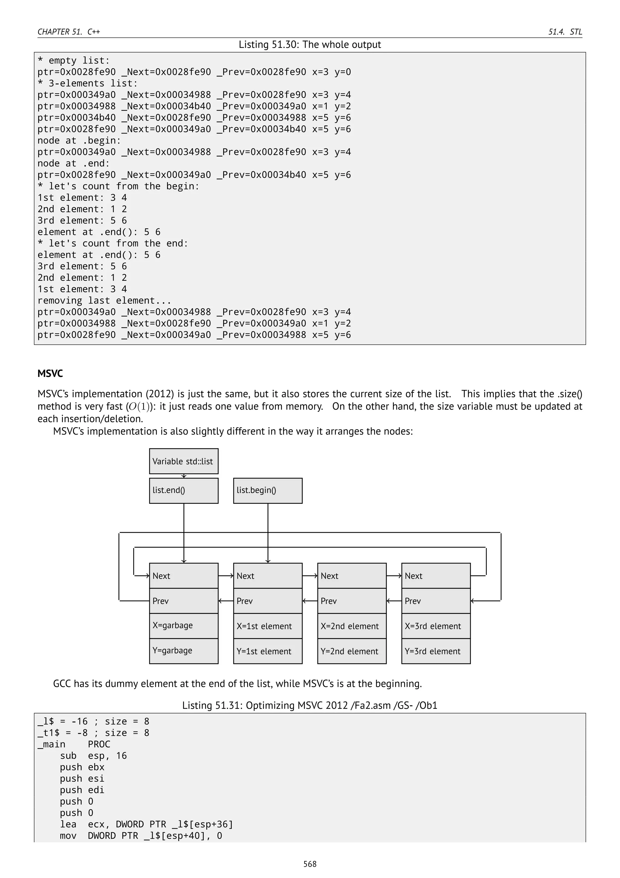 CHAPTER 51. C++ 51.4. STL
Listing 51.30: The whole output
* empty list:
ptr=0x0028fe90 _Next=0x0028fe90 _Prev=0x0028fe90 x=3 y=0
* 3-elements list:
ptr=0x000349a0 _Next=0x00034988 _Prev=0x0028fe90 x=3 y=4
ptr=0x00034988 _Next=0x00034b40 _Prev=0x000349a0 x=1 y=2
ptr=0x00034b40 _Next=0x0028fe90 _Prev=0x00034988 x=5 y=6
ptr=0x0028fe90 _Next=0x000349a0 _Prev=0x00034b40 x=5 y=6
node at .begin:
ptr=0x000349a0 _Next=0x00034988 _Prev=0x0028fe90 x=3 y=4
node at .end:
ptr=0x0028fe90 _Next=0x000349a0 _Prev=0x00034b40 x=5 y=6
* let's count from the begin:
1st element: 3 4
2nd element: 1 2
3rd element: 5 6
element at .end(): 5 6
* let's count from the end:
element at .end(): 5 6
3rd element: 5 6
2nd element: 1 2
1st element: 3 4
removing last element...
ptr=0x000349a0 _Next=0x00034988 _Prev=0x0028fe90 x=3 y=4
ptr=0x00034988 _Next=0x0028fe90 _Prev=0x000349a0 x=1 y=2
ptr=0x0028fe90 _Next=0x000349a0 _Prev=0x00034988 x=5 y=6
MSVC
MSVC’s implementation (2012) is just the same, but it also stores the current size of the list. This implies that the .size()
method is very fast (O(1)): it just reads one value from memory. On the other hand, the size variable must be updated at
each insertion/deletion.
MSVC’s implementation is also slightly different in the way it arranges the nodes:
..Next .
Prev
.
X=garbage
.
Y=garbage
. Next.
Prev
.
X=1st element
.
Y=1st element
. Next.
Prev
.
X=2nd element
.
Y=2nd element
. Next.
Prev
.
X=3rd element
.
Y=3rd element
.
Variable std::list
.
list.end()
.
list.begin()
........
GCC has its dummy element at the end of the list, while MSVC’s is at the beginning.
Listing 51.31: Optimizing MSVC 2012 /Fa2.asm /GS- /Ob1
_l$ = -16 ; size = 8
_t1$ = -8 ; size = 8
_main PROC
sub esp, 16
push ebx
push esi
push edi
push 0
push 0
lea ecx, DWORD PTR _l$[esp+36]
mov DWORD PTR _l$[esp+40], 0
568
 