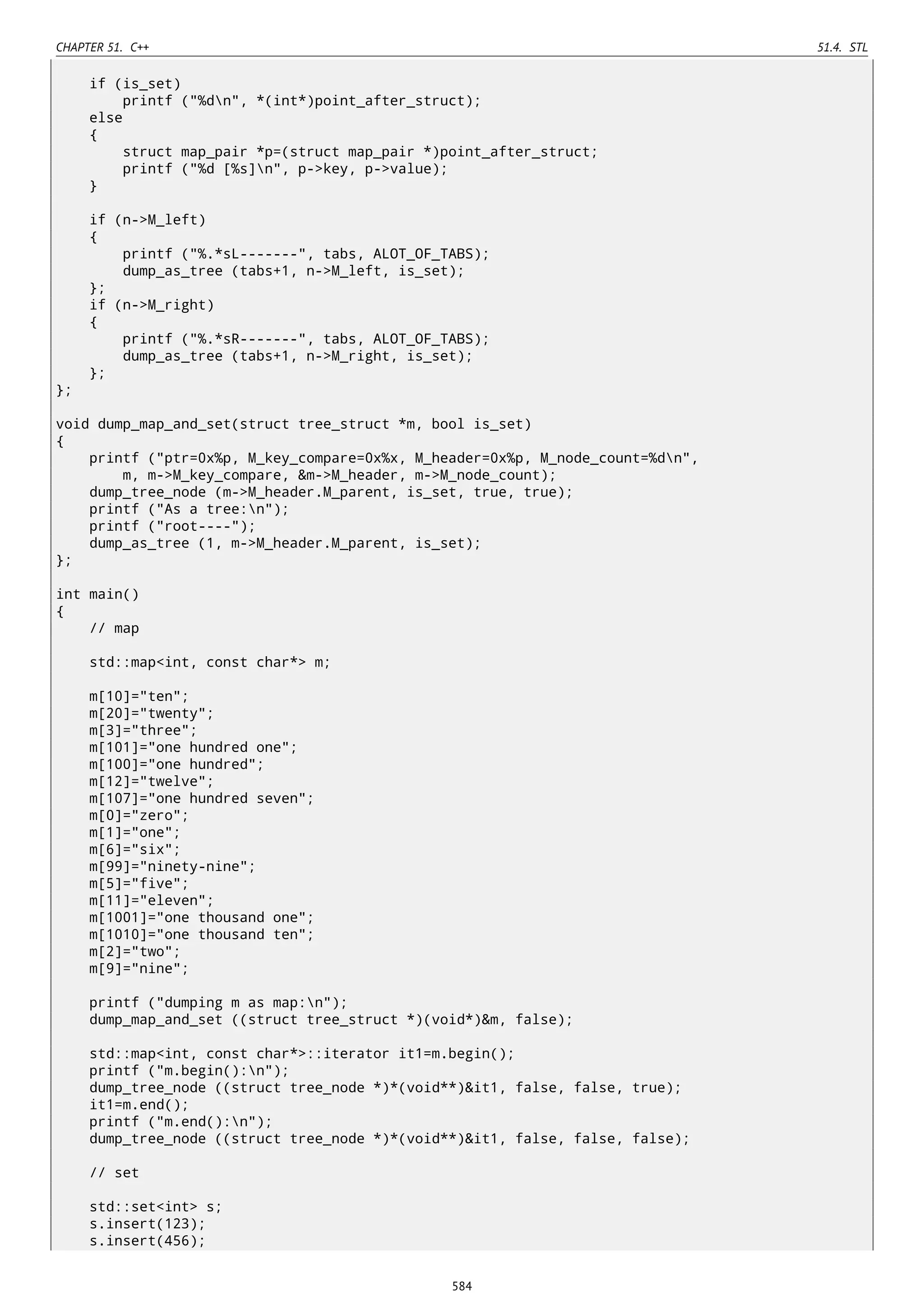 CHAPTER 51. C++ 51.4. STL
if (is_set)
printf ("%dn", *(int*)point_after_struct);
else
{
struct map_pair *p=(struct map_pair *)point_after_struct;
printf ("%d [%s]n", p->key, p->value);
}
if (n->M_left)
{
printf ("%.*sL-------", tabs, ALOT_OF_TABS);
dump_as_tree (tabs+1, n->M_left, is_set);
};
if (n->M_right)
{
printf ("%.*sR-------", tabs, ALOT_OF_TABS);
dump_as_tree (tabs+1, n->M_right, is_set);
};
};
void dump_map_and_set(struct tree_struct *m, bool is_set)
{
printf ("ptr=0x%p, M_key_compare=0x%x, M_header=0x%p, M_node_count=%dn",
m, m->M_key_compare, &m->M_header, m->M_node_count);
dump_tree_node (m->M_header.M_parent, is_set, true, true);
printf ("As a tree:n");
printf ("root----");
dump_as_tree (1, m->M_header.M_parent, is_set);
};
int main()
{
// map
std::map<int, const char*> m;
m[10]="ten";
m[20]="twenty";
m[3]="three";
m[101]="one hundred one";
m[100]="one hundred";
m[12]="twelve";
m[107]="one hundred seven";
m[0]="zero";
m[1]="one";
m[6]="six";
m[99]="ninety-nine";
m[5]="five";
m[11]="eleven";
m[1001]="one thousand one";
m[1010]="one thousand ten";
m[2]="two";
m[9]="nine";
printf ("dumping m as map:n");
dump_map_and_set ((struct tree_struct *)(void*)&m, false);
std::map<int, const char*>::iterator it1=m.begin();
printf ("m.begin():n");
dump_tree_node ((struct tree_node *)*(void**)&it1, false, false, true);
it1=m.end();
printf ("m.end():n");
dump_tree_node ((struct tree_node *)*(void**)&it1, false, false, false);
// set
std::set<int> s;
s.insert(123);
s.insert(456);
584
 