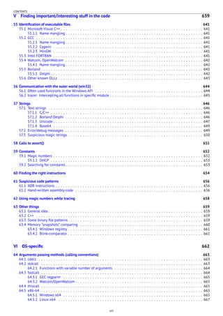 CONTENTS
V Finding important/interesting stuff in the code 639
55 Identiﬁcation of executable ﬁles 641
55.1 Microsoft Visual C++ . . . . . . . . . . . . . . . . . . . . . . . . . . . . . . . . . . . . . . . . . . . . . . . . . . . . . . . . . . 641
55.1.1 Name mangling . . . . . . . . . . . . . . . . . . . . . . . . . . . . . . . . . . . . . . . . . . . . . . . . . . . . . . . . 641
55.2 GCC . . . . . . . . . . . . . . . . . . . . . . . . . . . . . . . . . . . . . . . . . . . . . . . . . . . . . . . . . . . . . . . . . . . . 641
55.2.1 Name mangling . . . . . . . . . . . . . . . . . . . . . . . . . . . . . . . . . . . . . . . . . . . . . . . . . . . . . . . . 641
55.2.2 Cygwin . . . . . . . . . . . . . . . . . . . . . . . . . . . . . . . . . . . . . . . . . . . . . . . . . . . . . . . . . . . . . 641
55.2.3 MinGW . . . . . . . . . . . . . . . . . . . . . . . . . . . . . . . . . . . . . . . . . . . . . . . . . . . . . . . . . . . . . 641
55.3 Intel FORTRAN . . . . . . . . . . . . . . . . . . . . . . . . . . . . . . . . . . . . . . . . . . . . . . . . . . . . . . . . . . . . . 641
55.4 Watcom, OpenWatcom . . . . . . . . . . . . . . . . . . . . . . . . . . . . . . . . . . . . . . . . . . . . . . . . . . . . . . . . 642
55.4.1 Name mangling . . . . . . . . . . . . . . . . . . . . . . . . . . . . . . . . . . . . . . . . . . . . . . . . . . . . . . . . 642
55.5 Borland . . . . . . . . . . . . . . . . . . . . . . . . . . . . . . . . . . . . . . . . . . . . . . . . . . . . . . . . . . . . . . . . . . 642
55.5.1 Delphi . . . . . . . . . . . . . . . . . . . . . . . . . . . . . . . . . . . . . . . . . . . . . . . . . . . . . . . . . . . . . . 642
55.6 Other known DLLs . . . . . . . . . . . . . . . . . . . . . . . . . . . . . . . . . . . . . . . . . . . . . . . . . . . . . . . . . . . 643
56 Communication with the outer world (win32) 644
56.1 Often used functions in the Windows API . . . . . . . . . . . . . . . . . . . . . . . . . . . . . . . . . . . . . . . . . . . . 644
56.2 tracer: Intercepting all functions in speciﬁc module . . . . . . . . . . . . . . . . . . . . . . . . . . . . . . . . . . . . . . 645
57 Strings 646
57.1 Text strings . . . . . . . . . . . . . . . . . . . . . . . . . . . . . . . . . . . . . . . . . . . . . . . . . . . . . . . . . . . . . . . 646
57.1.1 C/C++ . . . . . . . . . . . . . . . . . . . . . . . . . . . . . . . . . . . . . . . . . . . . . . . . . . . . . . . . . . . . . . 646
57.1.2 Borland Delphi . . . . . . . . . . . . . . . . . . . . . . . . . . . . . . . . . . . . . . . . . . . . . . . . . . . . . . . . 646
57.1.3 Unicode . . . . . . . . . . . . . . . . . . . . . . . . . . . . . . . . . . . . . . . . . . . . . . . . . . . . . . . . . . . . . 647
57.1.4 Base64 . . . . . . . . . . . . . . . . . . . . . . . . . . . . . . . . . . . . . . . . . . . . . . . . . . . . . . . . . . . . . 649
57.2 Error/debug messages . . . . . . . . . . . . . . . . . . . . . . . . . . . . . . . . . . . . . . . . . . . . . . . . . . . . . . . . 649
57.3 Suspicious magic strings . . . . . . . . . . . . . . . . . . . . . . . . . . . . . . . . . . . . . . . . . . . . . . . . . . . . . . . 650
58 Calls to assert() 651
59 Constants 652
59.1 Magic numbers . . . . . . . . . . . . . . . . . . . . . . . . . . . . . . . . . . . . . . . . . . . . . . . . . . . . . . . . . . . . . 652
59.1.1 DHCP . . . . . . . . . . . . . . . . . . . . . . . . . . . . . . . . . . . . . . . . . . . . . . . . . . . . . . . . . . . . . . 653
59.2 Searching for constants . . . . . . . . . . . . . . . . . . . . . . . . . . . . . . . . . . . . . . . . . . . . . . . . . . . . . . . . 653
60 Finding the right instructions 654
61 Suspicious code patterns 656
61.1 XOR instructions . . . . . . . . . . . . . . . . . . . . . . . . . . . . . . . . . . . . . . . . . . . . . . . . . . . . . . . . . . . . 656
61.2 Hand-written assembly code . . . . . . . . . . . . . . . . . . . . . . . . . . . . . . . . . . . . . . . . . . . . . . . . . . . . 656
62 Using magic numbers while tracing 658
63 Other things 659
63.1 General idea . . . . . . . . . . . . . . . . . . . . . . . . . . . . . . . . . . . . . . . . . . . . . . . . . . . . . . . . . . . . . . . 659
63.2 C++ . . . . . . . . . . . . . . . . . . . . . . . . . . . . . . . . . . . . . . . . . . . . . . . . . . . . . . . . . . . . . . . . . . . . 659
63.3 Some binary ﬁle patterns . . . . . . . . . . . . . . . . . . . . . . . . . . . . . . . . . . . . . . . . . . . . . . . . . . . . . . 659
63.4 Memory “snapshots” comparing . . . . . . . . . . . . . . . . . . . . . . . . . . . . . . . . . . . . . . . . . . . . . . . . . . 660
63.4.1 Windows registry . . . . . . . . . . . . . . . . . . . . . . . . . . . . . . . . . . . . . . . . . . . . . . . . . . . . . . . 661
63.4.2 Blink-comparator . . . . . . . . . . . . . . . . . . . . . . . . . . . . . . . . . . . . . . . . . . . . . . . . . . . . . . . 661
VI OS-speciﬁc 662
64 Arguments passing methods (calling conventions) 663
64.1 cdecl . . . . . . . . . . . . . . . . . . . . . . . . . . . . . . . . . . . . . . . . . . . . . . . . . . . . . . . . . . . . . . . . . . . 663
64.2 stdcall . . . . . . . . . . . . . . . . . . . . . . . . . . . . . . . . . . . . . . . . . . . . . . . . . . . . . . . . . . . . . . . . . . 663
64.2.1 Functions with variable number of arguments . . . . . . . . . . . . . . . . . . . . . . . . . . . . . . . . . . . . 664
64.3 fastcall . . . . . . . . . . . . . . . . . . . . . . . . . . . . . . . . . . . . . . . . . . . . . . . . . . . . . . . . . . . . . . . . . . 664
64.3.1 GCC regparm . . . . . . . . . . . . . . . . . . . . . . . . . . . . . . . . . . . . . . . . . . . . . . . . . . . . . . . . . 665
64.3.2 Watcom/OpenWatcom . . . . . . . . . . . . . . . . . . . . . . . . . . . . . . . . . . . . . . . . . . . . . . . . . . . . 665
64.4 thiscall . . . . . . . . . . . . . . . . . . . . . . . . . . . . . . . . . . . . . . . . . . . . . . . . . . . . . . . . . . . . . . . . . . 665
64.5 x86-64 . . . . . . . . . . . . . . . . . . . . . . . . . . . . . . . . . . . . . . . . . . . . . . . . . . . . . . . . . . . . . . . . . . 665
64.5.1 Windows x64 . . . . . . . . . . . . . . . . . . . . . . . . . . . . . . . . . . . . . . . . . . . . . . . . . . . . . . . . . 665
64.5.2 Linux x64 . . . . . . . . . . . . . . . . . . . . . . . . . . . . . . . . . . . . . . . . . . . . . . . . . . . . . . . . . . . 667
xiii
 