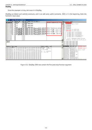 CHAPTER 13. SWITCH()/CASE/DEFAULT 13.1. SMALL NUMBER OF CASES
OllyDbg
Since this example is tricky, let’s trace it in OllyDbg.
OllyDbg can detect such switch() constructs, and it can add some useful comments. EAX is 2 in the beginning, that’s the
function’s input value:
Figure 13.1: OllyDbg: EAX now contain the ﬁrst (and only) function argument
142
 