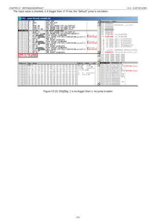 CHAPTER 13. SWITCH()/CASE/DEFAULT 13.2. A LOT OF CASES
The input value is checked, is it bigger than 4? If not, the “default” jump is not taken:
Figure 13.10: OllyDbg: 2 is no bigger than 4: no jump is taken
155
 