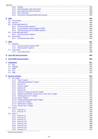 CONTENTS
A.6.1 Preﬁxes . . . . . . . . . . . . . . . . . . . . . . . . . . . . . . . . . . . . . . . . . . . . . . . . . . . . . . . . . . . . . 931
A.6.2 Most frequently used instructions . . . . . . . . . . . . . . . . . . . . . . . . . . . . . . . . . . . . . . . . . . . . 932
A.6.3 Less frequently used instructions . . . . . . . . . . . . . . . . . . . . . . . . . . . . . . . . . . . . . . . . . . . . . 936
A.6.4 FPU instructions . . . . . . . . . . . . . . . . . . . . . . . . . . . . . . . . . . . . . . . . . . . . . . . . . . . . . . . 940
A.6.5 Instructions having printable ASCII opcode . . . . . . . . . . . . . . . . . . . . . . . . . . . . . . . . . . . . . . 941
B ARM 944
B.1 Terminology . . . . . . . . . . . . . . . . . . . . . . . . . . . . . . . . . . . . . . . . . . . . . . . . . . . . . . . . . . . . . . . 944
B.2 Versions . . . . . . . . . . . . . . . . . . . . . . . . . . . . . . . . . . . . . . . . . . . . . . . . . . . . . . . . . . . . . . . . . 944
B.3 32-bit ARM (AArch32) . . . . . . . . . . . . . . . . . . . . . . . . . . . . . . . . . . . . . . . . . . . . . . . . . . . . . . . . . 944
B.3.1 General purpose registers . . . . . . . . . . . . . . . . . . . . . . . . . . . . . . . . . . . . . . . . . . . . . . . . . 944
B.3.2 Current Program Status Register (CPSR) . . . . . . . . . . . . . . . . . . . . . . . . . . . . . . . . . . . . . . . . 945
B.3.3 VFP (ﬂoating point) and NEON registers . . . . . . . . . . . . . . . . . . . . . . . . . . . . . . . . . . . . . . . . 945
B.4 64-bit ARM (AArch64) . . . . . . . . . . . . . . . . . . . . . . . . . . . . . . . . . . . . . . . . . . . . . . . . . . . . . . . . . 945
B.4.1 General purpose registers . . . . . . . . . . . . . . . . . . . . . . . . . . . . . . . . . . . . . . . . . . . . . . . . . 945
B.5 Instructions . . . . . . . . . . . . . . . . . . . . . . . . . . . . . . . . . . . . . . . . . . . . . . . . . . . . . . . . . . . . . . . 946
B.5.1 Conditional codes table . . . . . . . . . . . . . . . . . . . . . . . . . . . . . . . . . . . . . . . . . . . . . . . . . . . 946
C MIPS 947
C.1 Registers . . . . . . . . . . . . . . . . . . . . . . . . . . . . . . . . . . . . . . . . . . . . . . . . . . . . . . . . . . . . . . . . . 947
C.1.1 General purpose registers GPR7
. . . . . . . . . . . . . . . . . . . . . . . . . . . . . . . . . . . . . . . . . . . . . . 947
C.1.2 Floating-point registers . . . . . . . . . . . . . . . . . . . . . . . . . . . . . . . . . . . . . . . . . . . . . . . . . . . 947
C.2 Instructions . . . . . . . . . . . . . . . . . . . . . . . . . . . . . . . . . . . . . . . . . . . . . . . . . . . . . . . . . . . . . . . 947
C.2.1 Jump instructions . . . . . . . . . . . . . . . . . . . . . . . . . . . . . . . . . . . . . . . . . . . . . . . . . . . . . . . 948
D Some GCC library functions 949
E Some MSVC library functions 950
F Cheatsheets 951
F.1 IDA . . . . . . . . . . . . . . . . . . . . . . . . . . . . . . . . . . . . . . . . . . . . . . . . . . . . . . . . . . . . . . . . . . . . 951
F.2 OllyDbg . . . . . . . . . . . . . . . . . . . . . . . . . . . . . . . . . . . . . . . . . . . . . . . . . . . . . . . . . . . . . . . . . 951
F.3 MSVC . . . . . . . . . . . . . . . . . . . . . . . . . . . . . . . . . . . . . . . . . . . . . . . . . . . . . . . . . . . . . . . . . . . 952
F.4 GCC . . . . . . . . . . . . . . . . . . . . . . . . . . . . . . . . . . . . . . . . . . . . . . . . . . . . . . . . . . . . . . . . . . . . 952
F.5 GDB . . . . . . . . . . . . . . . . . . . . . . . . . . . . . . . . . . . . . . . . . . . . . . . . . . . . . . . . . . . . . . . . . . . . 952
G Exercise solutions 954
G.1 Per chapter . . . . . . . . . . . . . . . . . . . . . . . . . . . . . . . . . . . . . . . . . . . . . . . . . . . . . . . . . . . . . . . 954
G.1.1 “Stack” chapter . . . . . . . . . . . . . . . . . . . . . . . . . . . . . . . . . . . . . . . . . . . . . . . . . . . . . . . . 954
G.1.2 “switch()/case/default” chapter . . . . . . . . . . . . . . . . . . . . . . . . . . . . . . . . . . . . . . . . . . . . . . 954
G.1.3 Exercise #1 . . . . . . . . . . . . . . . . . . . . . . . . . . . . . . . . . . . . . . . . . . . . . . . . . . . . . . . . . . 954
G.1.4 “Loops” chapter . . . . . . . . . . . . . . . . . . . . . . . . . . . . . . . . . . . . . . . . . . . . . . . . . . . . . . . . 954
G.1.5 Exercise #3 . . . . . . . . . . . . . . . . . . . . . . . . . . . . . . . . . . . . . . . . . . . . . . . . . . . . . . . . . . 954
G.1.6 Exercise #4 . . . . . . . . . . . . . . . . . . . . . . . . . . . . . . . . . . . . . . . . . . . . . . . . . . . . . . . . . . 955
G.1.7 “Simple C-strings processing” chapter . . . . . . . . . . . . . . . . . . . . . . . . . . . . . . . . . . . . . . . . . . 955
G.1.8 “Replacing arithmetic instructions to other ones” chapter . . . . . . . . . . . . . . . . . . . . . . . . . . . . . 955
G.1.9 “Floating-point unit” chapter . . . . . . . . . . . . . . . . . . . . . . . . . . . . . . . . . . . . . . . . . . . . . . . 955
G.1.10 “Arrays” chapter . . . . . . . . . . . . . . . . . . . . . . . . . . . . . . . . . . . . . . . . . . . . . . . . . . . . . . . . 955
G.1.11 “Manipulating speciﬁc bit(s)” chapter . . . . . . . . . . . . . . . . . . . . . . . . . . . . . . . . . . . . . . . . . . 956
G.1.12 “Structures” chapter . . . . . . . . . . . . . . . . . . . . . . . . . . . . . . . . . . . . . . . . . . . . . . . . . . . . . 958
G.1.13 “Obfuscation” chapter . . . . . . . . . . . . . . . . . . . . . . . . . . . . . . . . . . . . . . . . . . . . . . . . . . . . 959
G.1.14 “Division by 9” chapter . . . . . . . . . . . . . . . . . . . . . . . . . . . . . . . . . . . . . . . . . . . . . . . . . . . 959
G.2 Level 1 . . . . . . . . . . . . . . . . . . . . . . . . . . . . . . . . . . . . . . . . . . . . . . . . . . . . . . . . . . . . . . . . . . 959
G.2.1 Exercise 1.1 . . . . . . . . . . . . . . . . . . . . . . . . . . . . . . . . . . . . . . . . . . . . . . . . . . . . . . . . . . 959
G.2.2 Exercise 1.4 . . . . . . . . . . . . . . . . . . . . . . . . . . . . . . . . . . . . . . . . . . . . . . . . . . . . . . . . . . 959
G.3 Level 2 . . . . . . . . . . . . . . . . . . . . . . . . . . . . . . . . . . . . . . . . . . . . . . . . . . . . . . . . . . . . . . . . . . 959
G.3.1 Exercise 2.1 . . . . . . . . . . . . . . . . . . . . . . . . . . . . . . . . . . . . . . . . . . . . . . . . . . . . . . . . . . 959
G.3.2 Exercise 2.4 . . . . . . . . . . . . . . . . . . . . . . . . . . . . . . . . . . . . . . . . . . . . . . . . . . . . . . . . . . 959
G.3.3 Exercise 2.6 . . . . . . . . . . . . . . . . . . . . . . . . . . . . . . . . . . . . . . . . . . . . . . . . . . . . . . . . . . 960
G.3.4 Exercise 2.13 . . . . . . . . . . . . . . . . . . . . . . . . . . . . . . . . . . . . . . . . . . . . . . . . . . . . . . . . . 960
G.3.5 Exercise 2.14 . . . . . . . . . . . . . . . . . . . . . . . . . . . . . . . . . . . . . . . . . . . . . . . . . . . . . . . . . 960
G.3.6 Exercise 2.15 . . . . . . . . . . . . . . . . . . . . . . . . . . . . . . . . . . . . . . . . . . . . . . . . . . . . . . . . . 960
G.3.7 Exercise 2.16 . . . . . . . . . . . . . . . . . . . . . . . . . . . . . . . . . . . . . . . . . . . . . . . . . . . . . . . . . 960
G.3.8 Exercise 2.17 . . . . . . . . . . . . . . . . . . . . . . . . . . . . . . . . . . . . . . . . . . . . . . . . . . . . . . . . . 961
7General Purpose Registers
xviii
 