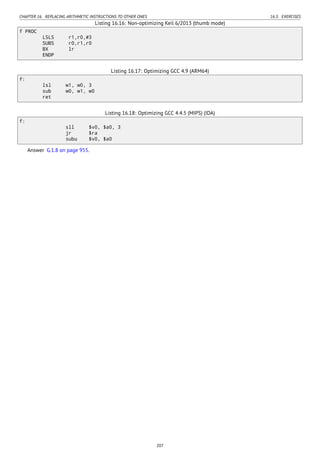 CHAPTER 16. REPLACING ARITHMETIC INSTRUCTIONS TO OTHER ONES 16.3. EXERCISES
Listing 16.16: Non-optimizing Keil 6/2013 (thumb mode)
f PROC
LSLS r1,r0,#3
SUBS r0,r1,r0
BX lr
ENDP
Listing 16.17: Optimizing GCC 4.9 (ARM64)
f:
lsl w1, w0, 3
sub w0, w1, w0
ret
Listing 16.18: Optimizing GCC 4.4.5 (MIPS) (IDA)
f:
sll $v0, $a0, 3
jr $ra
subu $v0, $a0
Answer G.1.8 on page 955.
207
 