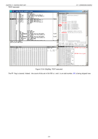CHAPTER 17. FLOATING-POINT UNIT 17.7. COMPARISON EXAMPLE
TEST executed:
Figure 17.14: OllyDbg: TEST executed
The PF ﬂag is cleared. Indeed: the count of bits set in 0x100 is 1 and 1 is an odd number. JPE is being skipped now.
233
 