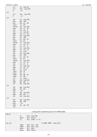 CHAPTER 18. ARRAYS 18.9. EXERCISES
str x2, [sp,8]
str wzr, [sp,44]
b .L2
.L5:
str wzr, [sp,40]
b .L3
.L4:
ldr w1, [sp,44]
mov w0, 100
mul w0, w1, w0
sxtw x1, w0
ldrsw x0, [sp,40]
add x0, x1, x0
lsl x0, x0, 3
ldr x1, [sp,8]
add x0, x1, x0
ldr w2, [sp,44]
mov w1, 100
mul w1, w2, w1
sxtw x2, w1
ldrsw x1, [sp,40]
add x1, x2, x1
lsl x1, x1, 3
ldr x2, [sp,24]
add x1, x2, x1
ldr x2, [x1]
ldr w3, [sp,44]
mov w1, 100
mul w1, w3, w1
sxtw x3, w1
ldrsw x1, [sp,40]
add x1, x3, x1
lsl x1, x1, 3
ldr x3, [sp,16]
add x1, x3, x1
ldr x1, [x1]
fmov d0, x2
fmov d1, x1
fadd d0, d0, d1
fmov x1, d0
str x1, [x0]
ldr w0, [sp,40]
add w0, w0, 1
str w0, [sp,40]
.L3:
ldr w0, [sp,40]
cmp w0, 99
ble .L4
ldr w0, [sp,44]
add w0, w0, 1
str w0, [sp,44]
.L2:
ldr w0, [sp,44]
cmp w0, 199
ble .L5
add sp, sp, 48
ret
Listing 18.42: Optimizing GCC 4.4.5 (MIPS) (IDA)
sub_0:
li $t3, 0x27100
move $t2, $zero
li $t1, 0x64 # 'd'
loc_10: # CODE XREF: sub_0+54
addu $t0, $a1, $t2
addu $a3, $a2, $t2
move $v1, $a0
move $v0, $zero
293
 