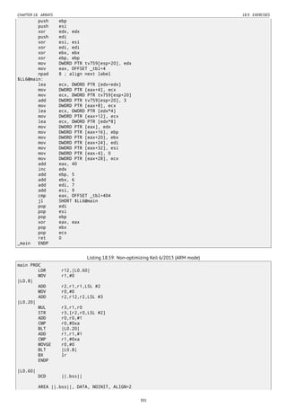 CHAPTER 18. ARRAYS 18.9. EXERCISES
push ebp
push esi
xor edx, edx
push edi
xor esi, esi
xor edi, edi
xor ebx, ebx
xor ebp, ebp
mov DWORD PTR tv759[esp+20], edx
mov eax, OFFSET _tbl+4
npad 8 ; align next label
$LL6@main:
lea ecx, DWORD PTR [edx+edx]
mov DWORD PTR [eax+4], ecx
mov ecx, DWORD PTR tv759[esp+20]
add DWORD PTR tv759[esp+20], 3
mov DWORD PTR [eax+8], ecx
lea ecx, DWORD PTR [edx*4]
mov DWORD PTR [eax+12], ecx
lea ecx, DWORD PTR [edx*8]
mov DWORD PTR [eax], edx
mov DWORD PTR [eax+16], ebp
mov DWORD PTR [eax+20], ebx
mov DWORD PTR [eax+24], edi
mov DWORD PTR [eax+32], esi
mov DWORD PTR [eax-4], 0
mov DWORD PTR [eax+28], ecx
add eax, 40
inc edx
add ebp, 5
add ebx, 6
add edi, 7
add esi, 9
cmp eax, OFFSET _tbl+404
jl SHORT $LL6@main
pop edi
pop esi
pop ebp
xor eax, eax
pop ebx
pop ecx
ret 0
_main ENDP
Listing 18.59: Non-optimizing Keil 6/2013 (ARM mode)
main PROC
LDR r12,|L0.60|
MOV r1,#0
|L0.8|
ADD r2,r1,r1,LSL #2
MOV r0,#0
ADD r2,r12,r2,LSL #3
|L0.20|
MUL r3,r1,r0
STR r3,[r2,r0,LSL #2]
ADD r0,r0,#1
CMP r0,#0xa
BLT |L0.20|
ADD r1,r1,#1
CMP r1,#0xa
MOVGE r0,#0
BLT |L0.8|
BX lr
ENDP
|L0.60|
DCD ||.bss||
AREA ||.bss||, DATA, NOINIT, ALIGN=2
301
 