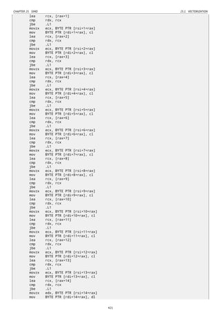 CHAPTER 25. SIMD 25.1. VECTORIZATION
lea rcx, [rax+1]
cmp rdx, rcx
jbe .L1
movzx ecx, BYTE PTR [rsi+1+rax]
mov BYTE PTR [rdi+1+rax], cl
lea rcx, [rax+2]
cmp rdx, rcx
jbe .L1
movzx ecx, BYTE PTR [rsi+2+rax]
mov BYTE PTR [rdi+2+rax], cl
lea rcx, [rax+3]
cmp rdx, rcx
jbe .L1
movzx ecx, BYTE PTR [rsi+3+rax]
mov BYTE PTR [rdi+3+rax], cl
lea rcx, [rax+4]
cmp rdx, rcx
jbe .L1
movzx ecx, BYTE PTR [rsi+4+rax]
mov BYTE PTR [rdi+4+rax], cl
lea rcx, [rax+5]
cmp rdx, rcx
jbe .L1
movzx ecx, BYTE PTR [rsi+5+rax]
mov BYTE PTR [rdi+5+rax], cl
lea rcx, [rax+6]
cmp rdx, rcx
jbe .L1
movzx ecx, BYTE PTR [rsi+6+rax]
mov BYTE PTR [rdi+6+rax], cl
lea rcx, [rax+7]
cmp rdx, rcx
jbe .L1
movzx ecx, BYTE PTR [rsi+7+rax]
mov BYTE PTR [rdi+7+rax], cl
lea rcx, [rax+8]
cmp rdx, rcx
jbe .L1
movzx ecx, BYTE PTR [rsi+8+rax]
mov BYTE PTR [rdi+8+rax], cl
lea rcx, [rax+9]
cmp rdx, rcx
jbe .L1
movzx ecx, BYTE PTR [rsi+9+rax]
mov BYTE PTR [rdi+9+rax], cl
lea rcx, [rax+10]
cmp rdx, rcx
jbe .L1
movzx ecx, BYTE PTR [rsi+10+rax]
mov BYTE PTR [rdi+10+rax], cl
lea rcx, [rax+11]
cmp rdx, rcx
jbe .L1
movzx ecx, BYTE PTR [rsi+11+rax]
mov BYTE PTR [rdi+11+rax], cl
lea rcx, [rax+12]
cmp rdx, rcx
jbe .L1
movzx ecx, BYTE PTR [rsi+12+rax]
mov BYTE PTR [rdi+12+rax], cl
lea rcx, [rax+13]
cmp rdx, rcx
jbe .L1
movzx ecx, BYTE PTR [rsi+13+rax]
mov BYTE PTR [rdi+13+rax], cl
lea rcx, [rax+14]
cmp rdx, rcx
jbe .L1
movzx edx, BYTE PTR [rsi+14+rax]
mov BYTE PTR [rdi+14+rax], dl
421
 