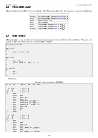 CHAPTER 5. STACK 5.3. TYPICAL STACK LAYOUT
5.3 Typical stack layout
A typical stack layout in a 32-bit environment at the start of a function, before the ﬁrst instruction execution looks like this:
… …
ESP-0xC local variable #2, marked in IDA as var_8
ESP-8 local variable #1, marked in IDA as var_4
ESP-4 saved value of EBP
ESP return address
ESP+4 argument#1, marked in IDA as arg_0
ESP+8 argument#2, marked in IDA as arg_4
ESP+0xC argument#3, marked in IDA as arg_8
… …
5.4 Noise in stack
Often in this book I write about “noise” or “garbage” values in stack or memory. Where do they come from? These are what
was left in there after other functions’ executions. Short example:
#include <stdio.h>
void f1()
{
int a=1, b=2, c=3;
};
void f2()
{
int a, b, c;
printf ("%d, %d, %dn", a, b, c);
};
int main()
{
f1();
f2();
};
Compiling…
Listing 5.4: Non-optimizing MSVC 2010
$SG2752 DB '%d, %d, %d', 0aH, 00H
_c$ = -12 ; size = 4
_b$ = -8 ; size = 4
_a$ = -4 ; size = 4
_f1 PROC
push ebp
mov ebp, esp
sub esp, 12
mov DWORD PTR _a$[ebp], 1
mov DWORD PTR _b$[ebp], 2
mov DWORD PTR _c$[ebp], 3
mov esp, ebp
pop ebp
ret 0
_f1 ENDP
_c$ = -12 ; size = 4
_b$ = -8 ; size = 4
_a$ = -4 ; size = 4
_f2 PROC
push ebp
mov ebp, esp
sub esp, 12
mov eax, DWORD PTR _c$[ebp]
push eax
mov ecx, DWORD PTR _b$[ebp]
27
 