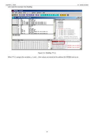 CHAPTER 5. STACK 5.4. NOISE IN STACK
Let’s load the example into OllyDbg:
Figure 5.1: OllyDbg: f1()
When f1() assigns the variables a, b and c , their values are stored at the address 0x14F860 and so on.
29
 