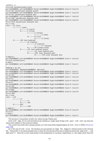CHAPTER 51. C++ 51.4. STL
first=99 second=[ninety-nine]
ptr=0x005BB480 Left=0x005BB420 Parent=0x005BB440 Right=0x005BB560 Color=0 Isnil=0
first=107 second=[one hundred seven]
ptr=0x005BB420 Left=0x005BB3A0 Parent=0x005BB480 Right=0x005BB3A0 Color=1 Isnil=0
first=101 second=[one hundred one]
ptr=0x005BB560 Left=0x005BB3A0 Parent=0x005BB480 Right=0x005BB580 Color=1 Isnil=0
first=1001 second=[one thousand one]
ptr=0x005BB580 Left=0x005BB3A0 Parent=0x005BB560 Right=0x005BB3A0 Color=0 Isnil=0
first=1010 second=[one thousand ten]
As a tree:
root----10 [ten]
L-------1 [one]
L-------0 [zero]
R-------5 [five]
L-------3 [three]
L-------2 [two]
R-------6 [six]
R-------9 [nine]
R-------100 [one hundred]
L-------20 [twenty]
L-------12 [twelve]
L-------11 [eleven]
R-------99 [ninety-nine]
R-------107 [one hundred seven]
L-------101 [one hundred one]
R-------1001 [one thousand one]
R-------1010 [one thousand ten]
m.begin():
ptr=0x005BB4A0 Left=0x005BB3A0 Parent=0x005BB4C0 Right=0x005BB3A0 Color=1 Isnil=0
first=0 second=[zero]
m.end():
ptr=0x005BB3A0 Left=0x005BB4A0 Parent=0x005BB3C0 Right=0x005BB580 Color=1 Isnil=1
dumping s as set:
ptr=0x0020FDFC, Myhead=0x005BB5E0, Mysize=6
ptr=0x005BB5E0 Left=0x005BB640 Parent=0x005BB600 Right=0x005BB6A0 Color=1 Isnil=1
ptr=0x005BB600 Left=0x005BB660 Parent=0x005BB5E0 Right=0x005BB620 Color=1 Isnil=0
first=123
ptr=0x005BB660 Left=0x005BB640 Parent=0x005BB600 Right=0x005BB680 Color=1 Isnil=0
first=12
ptr=0x005BB640 Left=0x005BB5E0 Parent=0x005BB660 Right=0x005BB5E0 Color=0 Isnil=0
first=11
ptr=0x005BB680 Left=0x005BB5E0 Parent=0x005BB660 Right=0x005BB5E0 Color=0 Isnil=0
first=100
ptr=0x005BB620 Left=0x005BB5E0 Parent=0x005BB600 Right=0x005BB6A0 Color=1 Isnil=0
first=456
ptr=0x005BB6A0 Left=0x005BB5E0 Parent=0x005BB620 Right=0x005BB5E0 Color=0 Isnil=0
first=1001
As a tree:
root----123
L-------12
L-------11
R-------100
R-------456
R-------1001
s.begin():
ptr=0x005BB640 Left=0x005BB5E0 Parent=0x005BB660 Right=0x005BB5E0 Color=0 Isnil=0
first=11
s.end():
ptr=0x005BB5E0 Left=0x005BB640 Parent=0x005BB600 Right=0x005BB6A0 Color=1 Isnil=1
The structure is not packed, so both char values occupy 4 bytes each.
As for std::map, first and second can be viewed as a single value of type std::pair. std::set has only one
value at this address in the structure instead.
The current size of the tree is always present, as in the case of the implementation of std::list in MSVC ( 51.4.2 on
page 568).
As in the case of std::list, the iterators are just pointers to nodes. The .begin() iterator points to the minimal
key. That pointer is not stored anywhere (as in lists), the minimal key of the tree is looked up every time. operator-- and
operator++ move the current node pointer to the predecessor or successor respectively, i.e., the nodes which have the
582
 