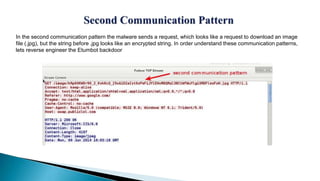In the second communication pattern the malware sends a request, which looks like a request to download an image
file (.jpg), but the string before .jpg looks like an encrypted string. In order understand these communication patterns,
lets reverse engineer the Etumbot backdoor
 