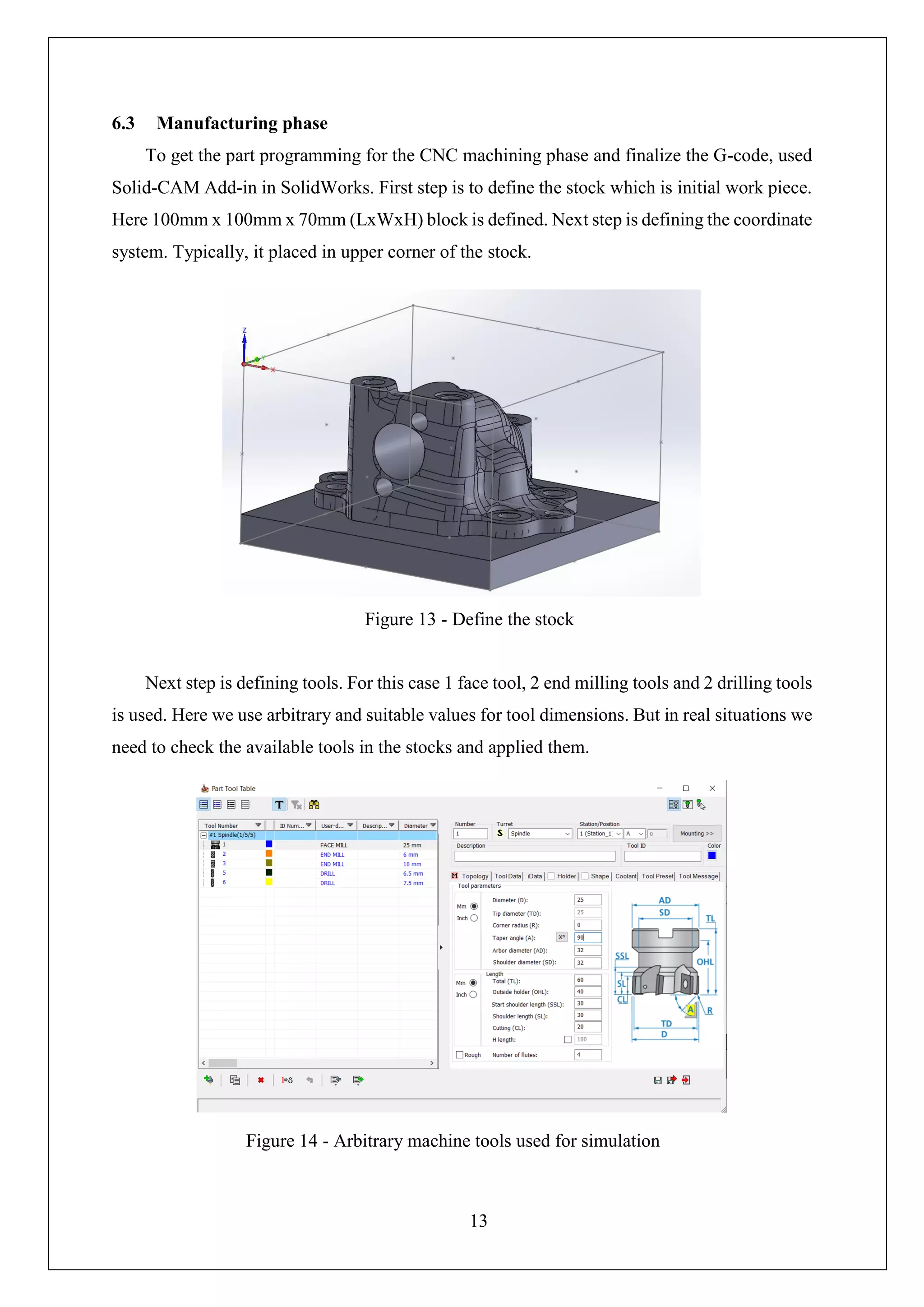 13
6.3 Manufacturing phase
To get the part programming for the CNC machining phase and finalize the G-code, used
Solid-CAM Add-in in SolidWorks. First step is to define the stock which is initial work piece.
Here 100mm x 100mm x 70mm (LxWxH) block is defined. Next step is defining the coordinate
system. Typically, it placed in upper corner of the stock.
Next step is defining tools. For this case 1 face tool, 2 end milling tools and 2 drilling tools
is used. Here we use arbitrary and suitable values for tool dimensions. But in real situations we
need to check the available tools in the stocks and applied them.
Figure 13 - Define the stock
Figure 14 - Arbitrary machine tools used for simulation
 