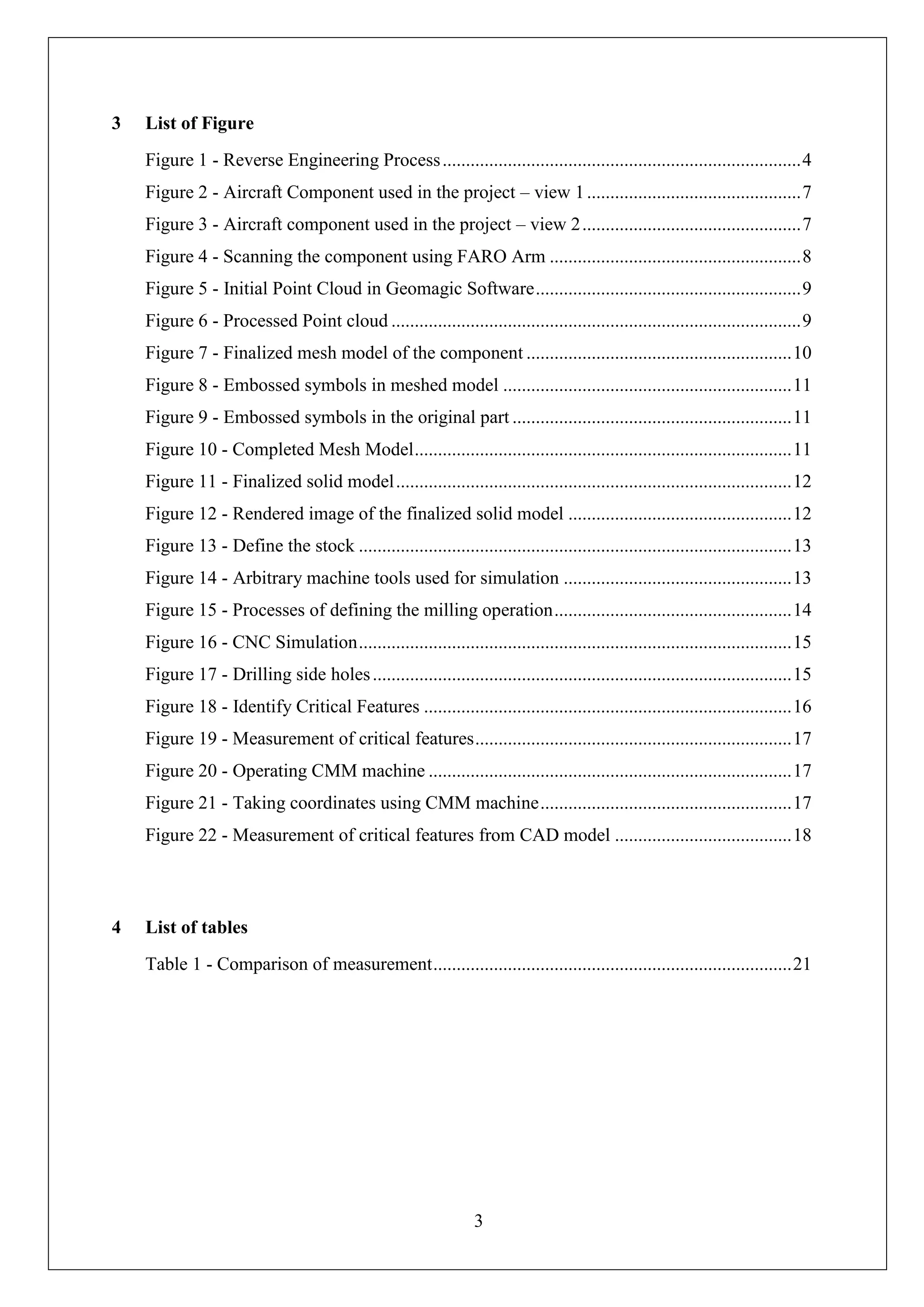 3
3 List of Figure
Figure 1 - Reverse Engineering Process.............................................................................4
Figure 2 - Aircraft Component used in the project – view 1..............................................7
Figure 3 - Aircraft component used in the project – view 2...............................................7
Figure 4 - Scanning the component using FARO Arm ......................................................8
Figure 5 - Initial Point Cloud in Geomagic Software.........................................................9
Figure 6 - Processed Point cloud ........................................................................................9
Figure 7 - Finalized mesh model of the component .........................................................10
Figure 8 - Embossed symbols in meshed model ..............................................................11
Figure 9 - Embossed symbols in the original part ............................................................11
Figure 10 - Completed Mesh Model.................................................................................11
Figure 11 - Finalized solid model.....................................................................................12
Figure 12 - Rendered image of the finalized solid model ................................................12
Figure 13 - Define the stock .............................................................................................13
Figure 14 - Arbitrary machine tools used for simulation .................................................13
Figure 15 - Processes of defining the milling operation...................................................14
Figure 16 - CNC Simulation.............................................................................................15
Figure 17 - Drilling side holes..........................................................................................15
Figure 18 - Identify Critical Features ...............................................................................16
Figure 19 - Measurement of critical features....................................................................17
Figure 20 - Operating CMM machine ..............................................................................17
Figure 21 - Taking coordinates using CMM machine......................................................17
Figure 22 - Measurement of critical features from CAD model ......................................18
4 List of tables
Table 1 - Comparison of measurement.............................................................................21
 